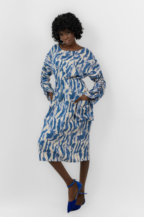 Blue linen zebra dress s24019