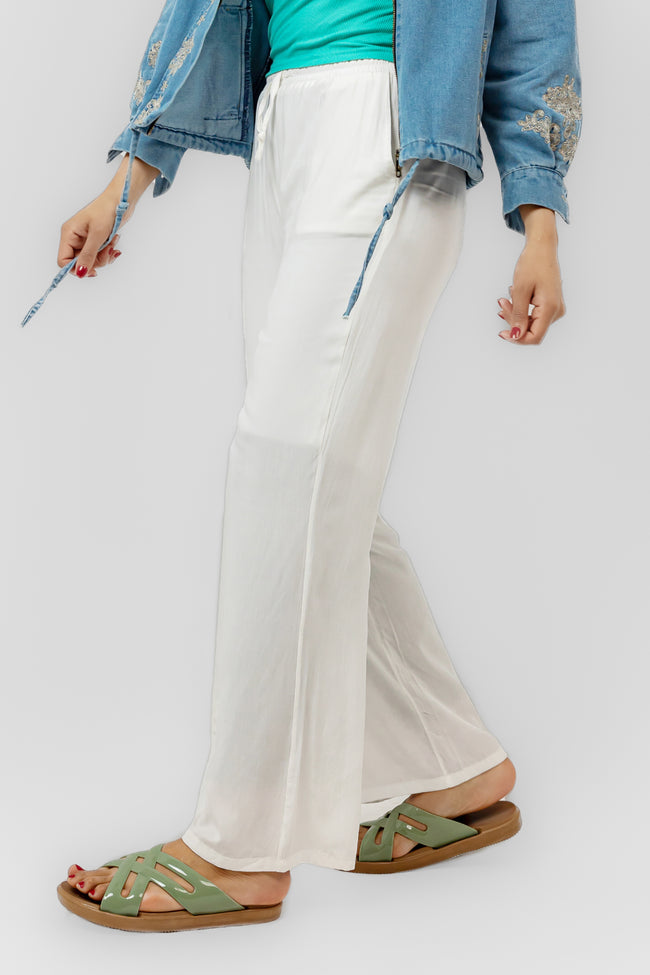 White TINSIL STRAIGHT LEG ELASTIC WAIST PANTS S24134