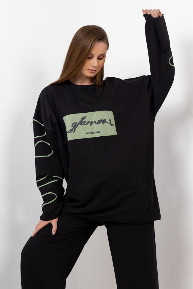 BLACK GREEN MILTON PRINTED SWEAT SHIRT CHEST & SLEEVES S24144