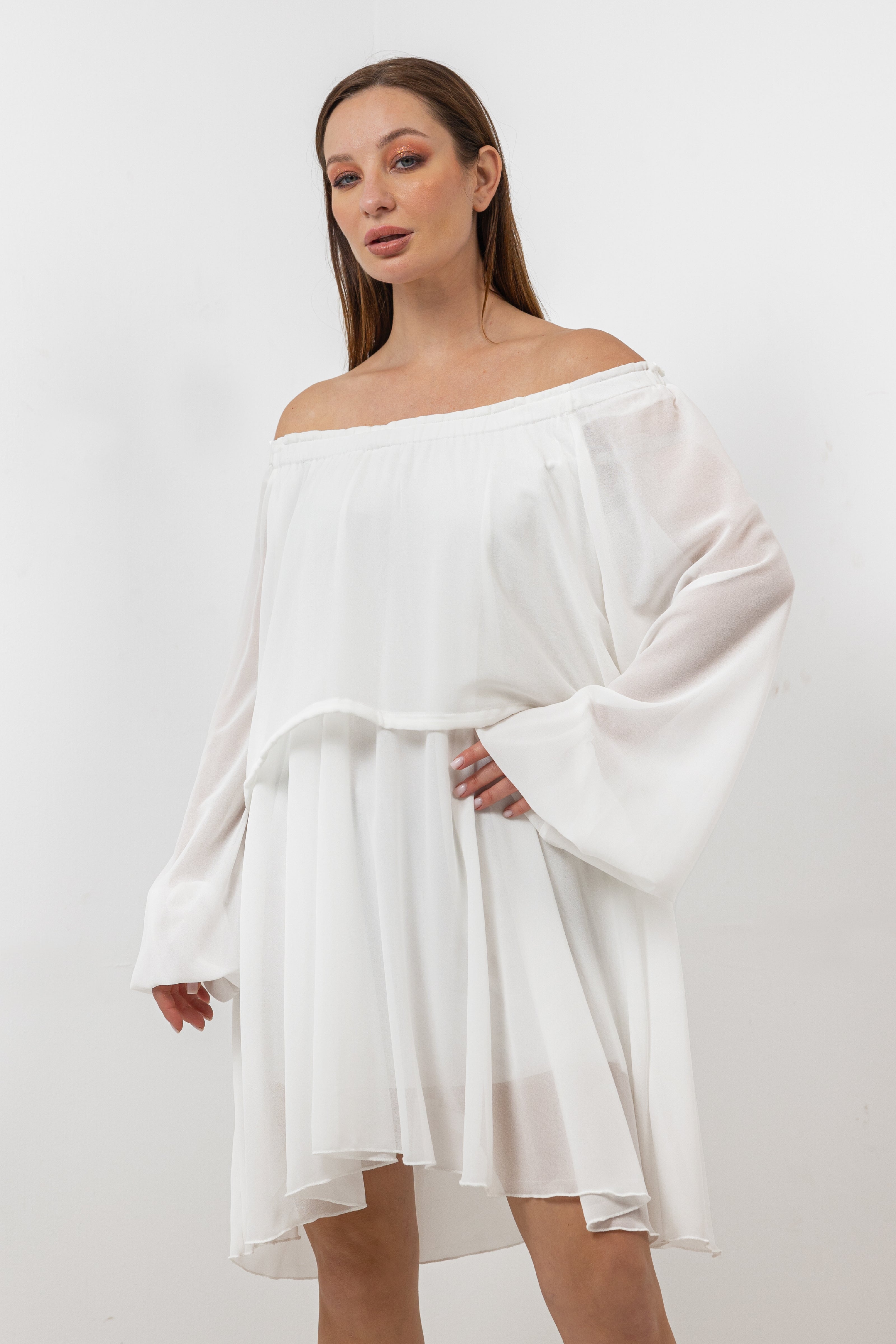 White CHIFFON Beach-Babe Off Shoulder Dress  S24081