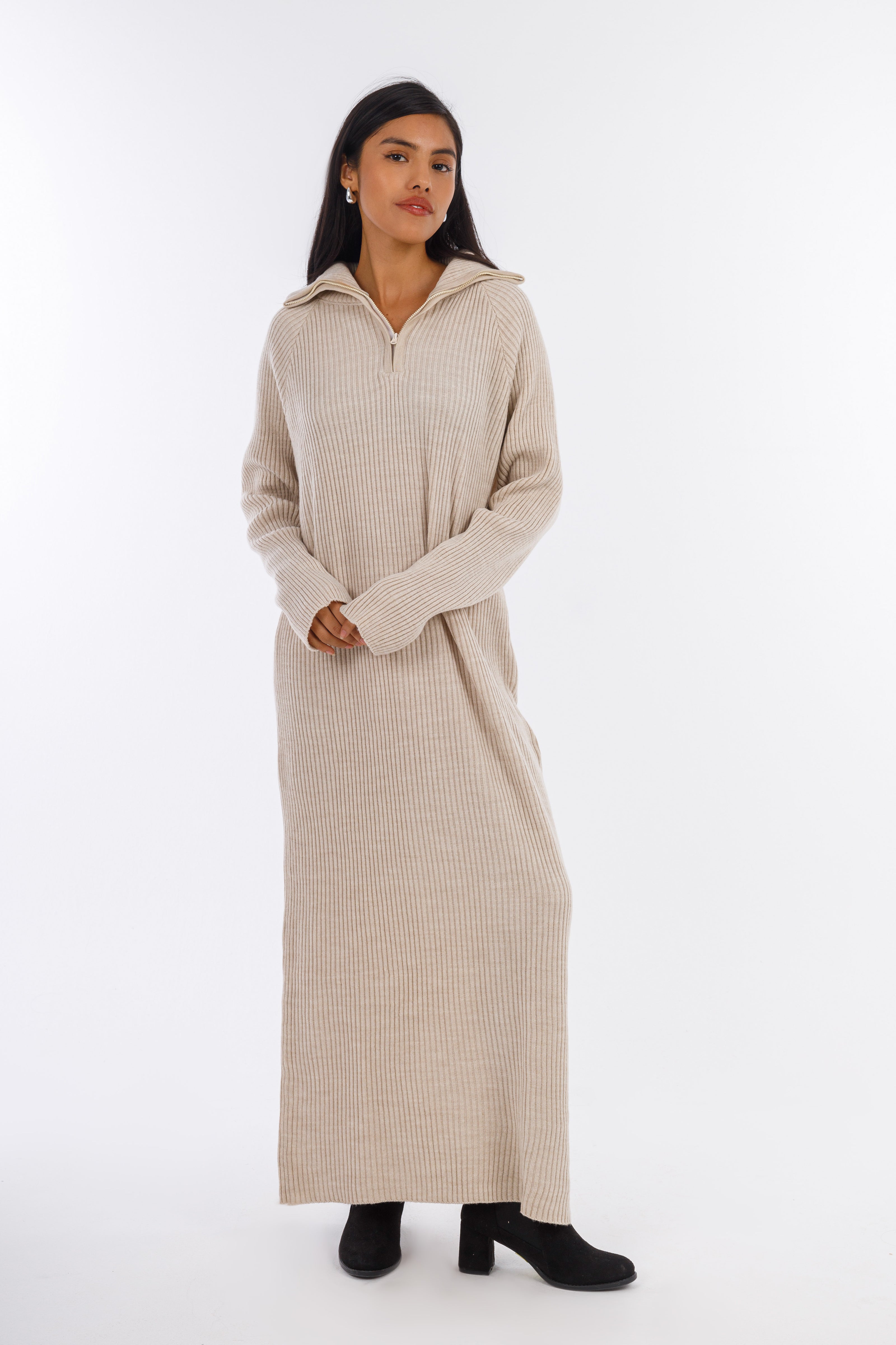 Beige Hooded-Haven V-neck DRESS-w24028