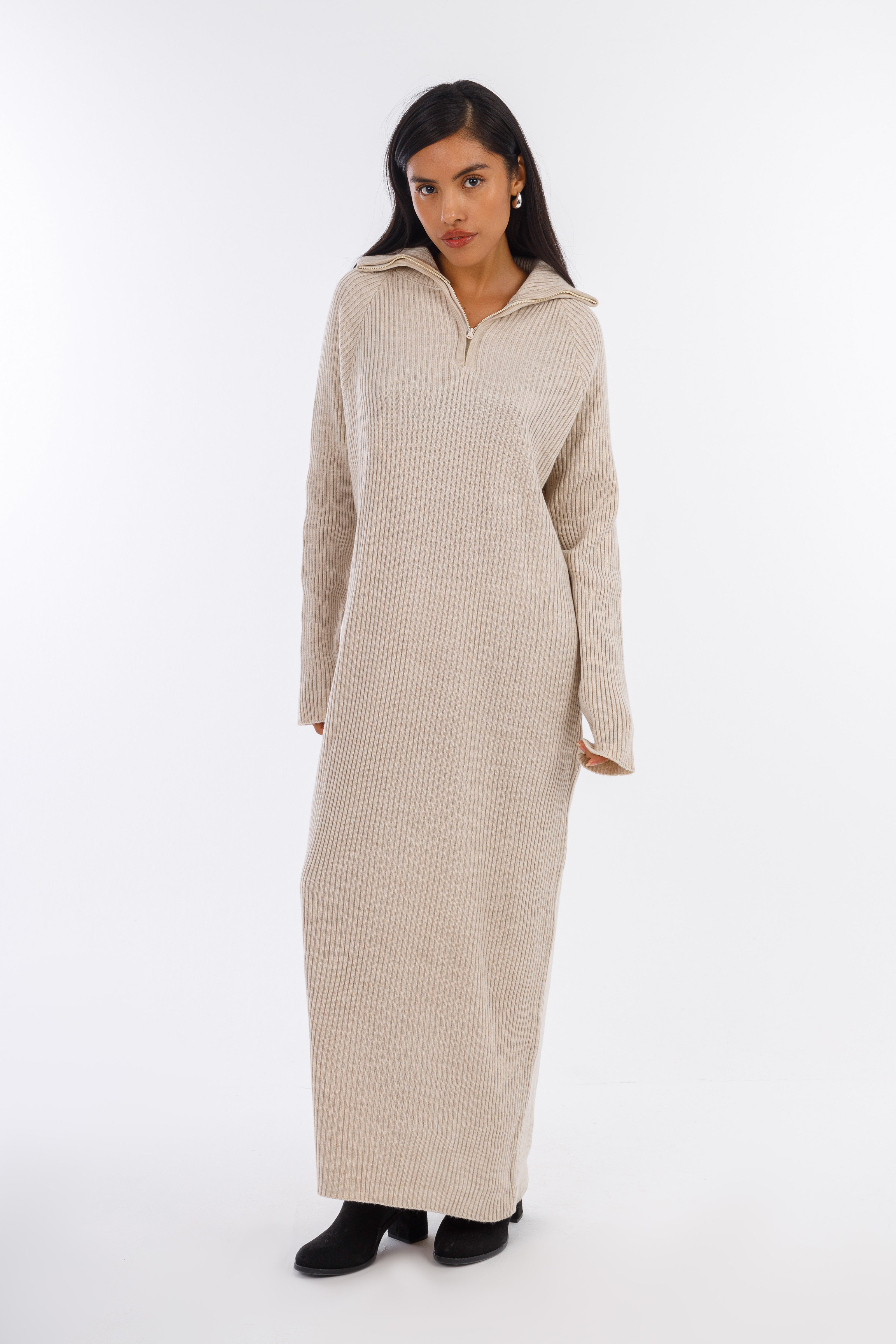 Beige Hooded-Haven V-neck DRESS-w24028