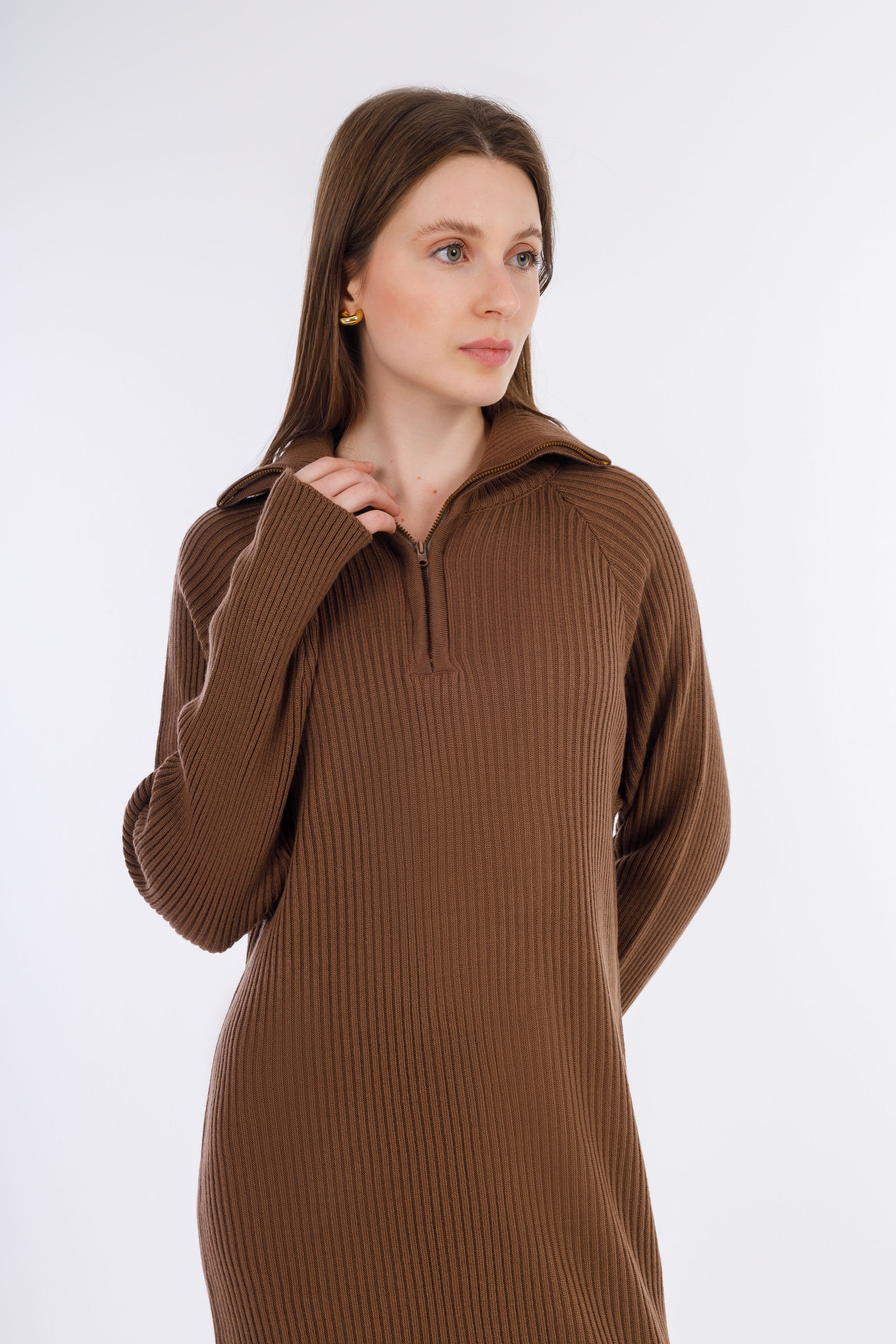 Brown Hooded-Haven V-neck DRESS-w24028