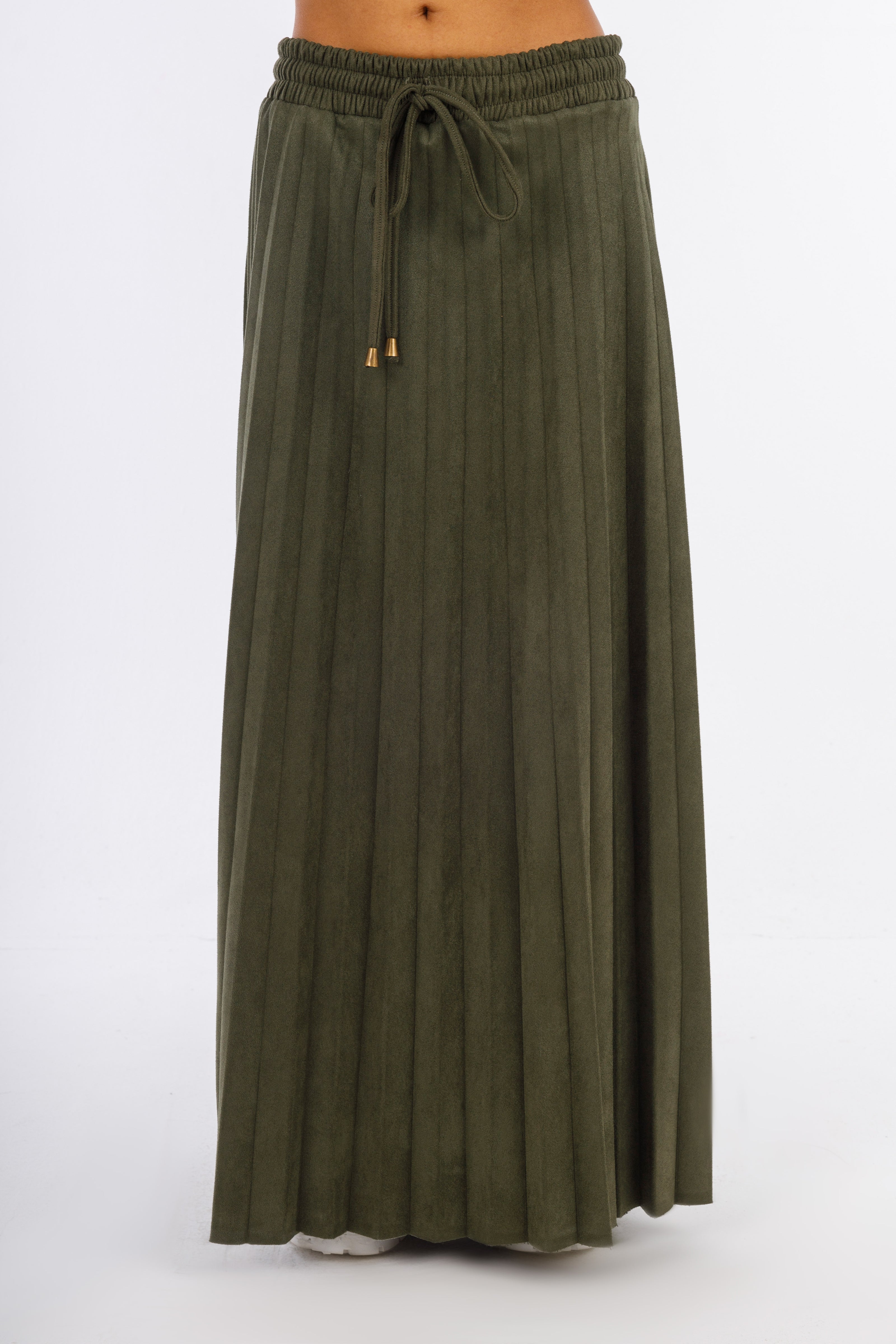 Olive Leather Long Skirt Full Pleats-W24086