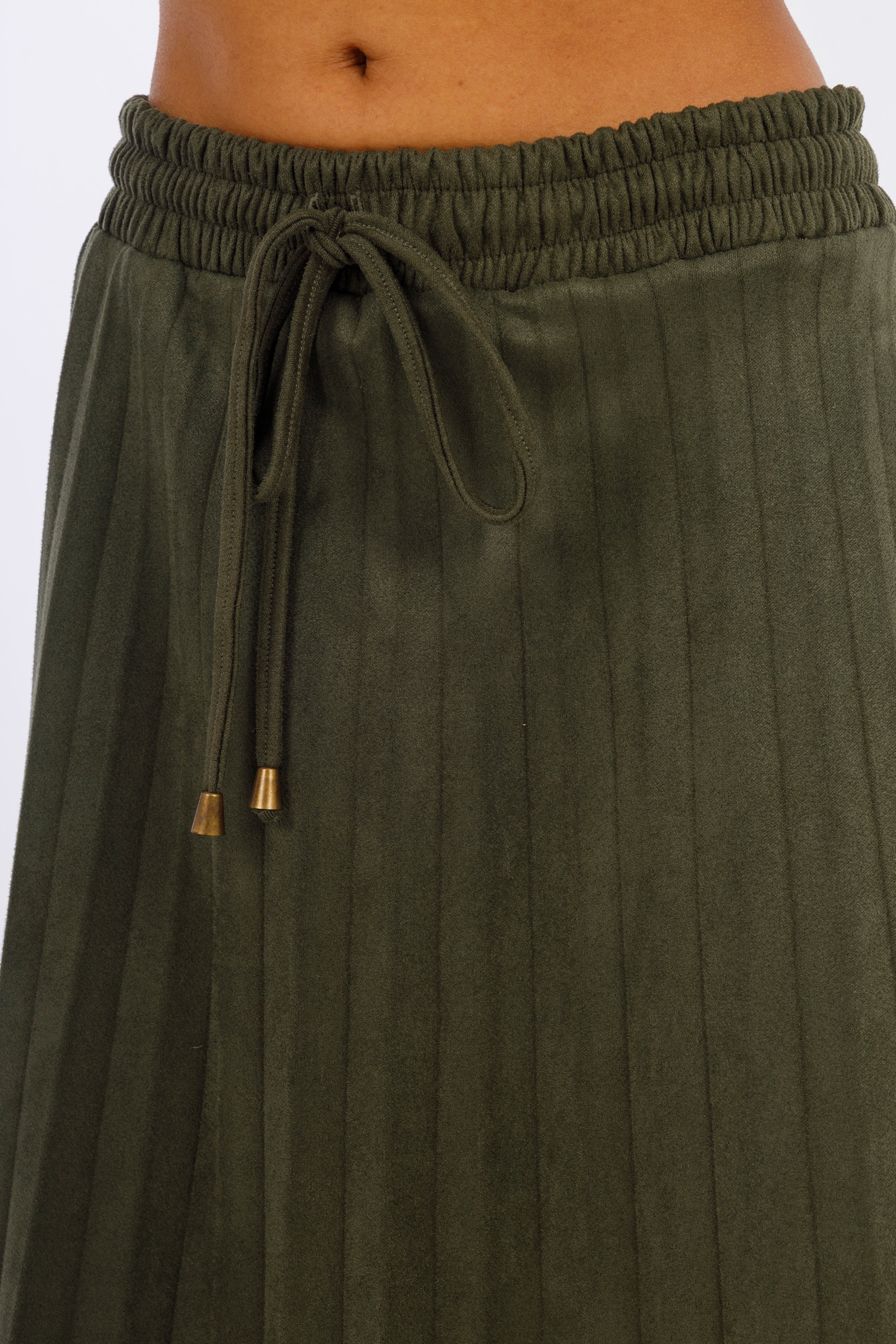 Olive Leather Long Skirt Full Pleats-W24086