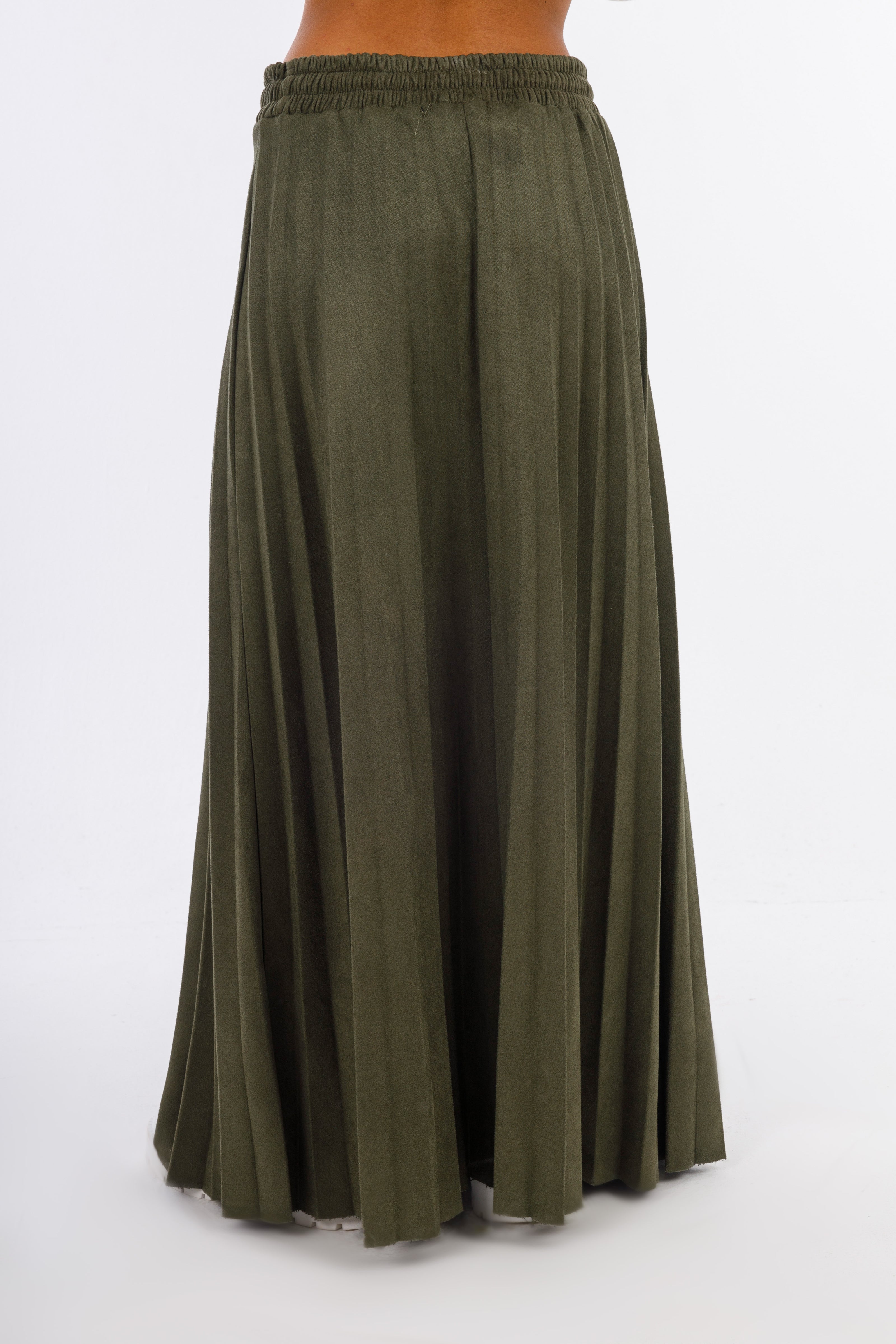 Olive Leather Long Skirt Full Pleats-W24086