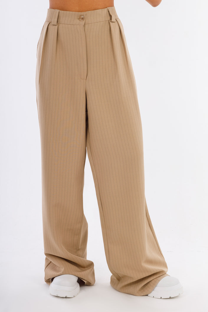 Beige Straight Stripped Pants-W24064