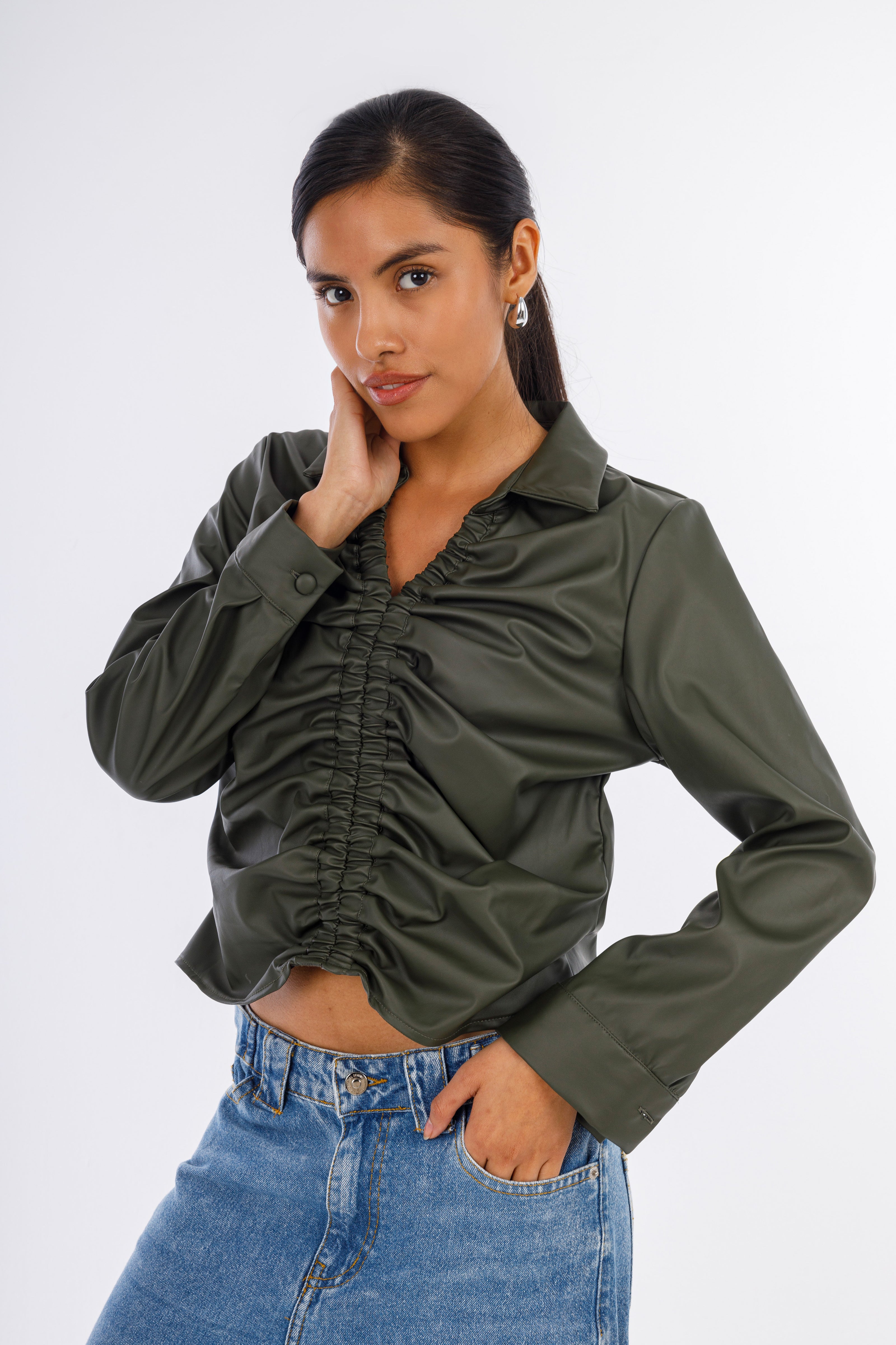 Olive Short Leather Elastic Blouse-W24078