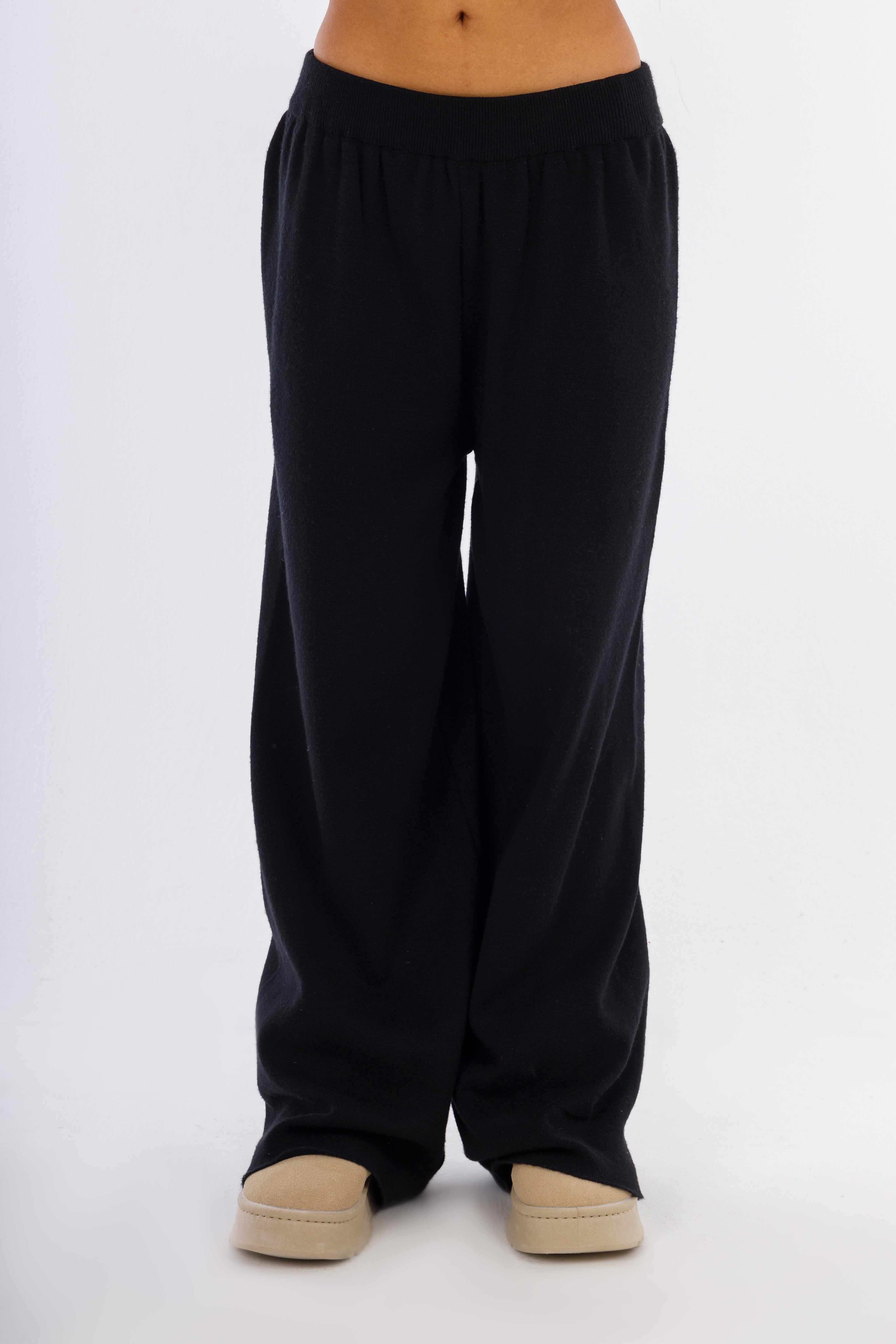 Black Wide Leg Elastic Pants-W24059