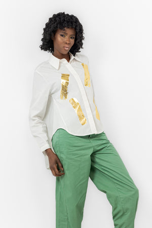 White Cotton Long Blouse With Golden Prush  S24132