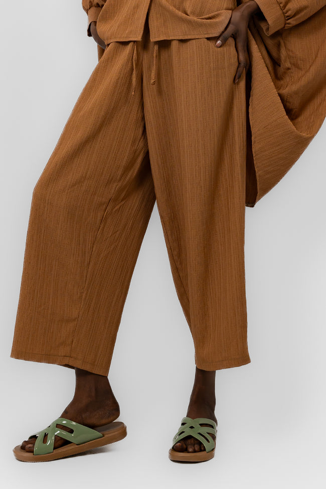 BROWN CRASH ELASTIC WAIST PANTS S24053