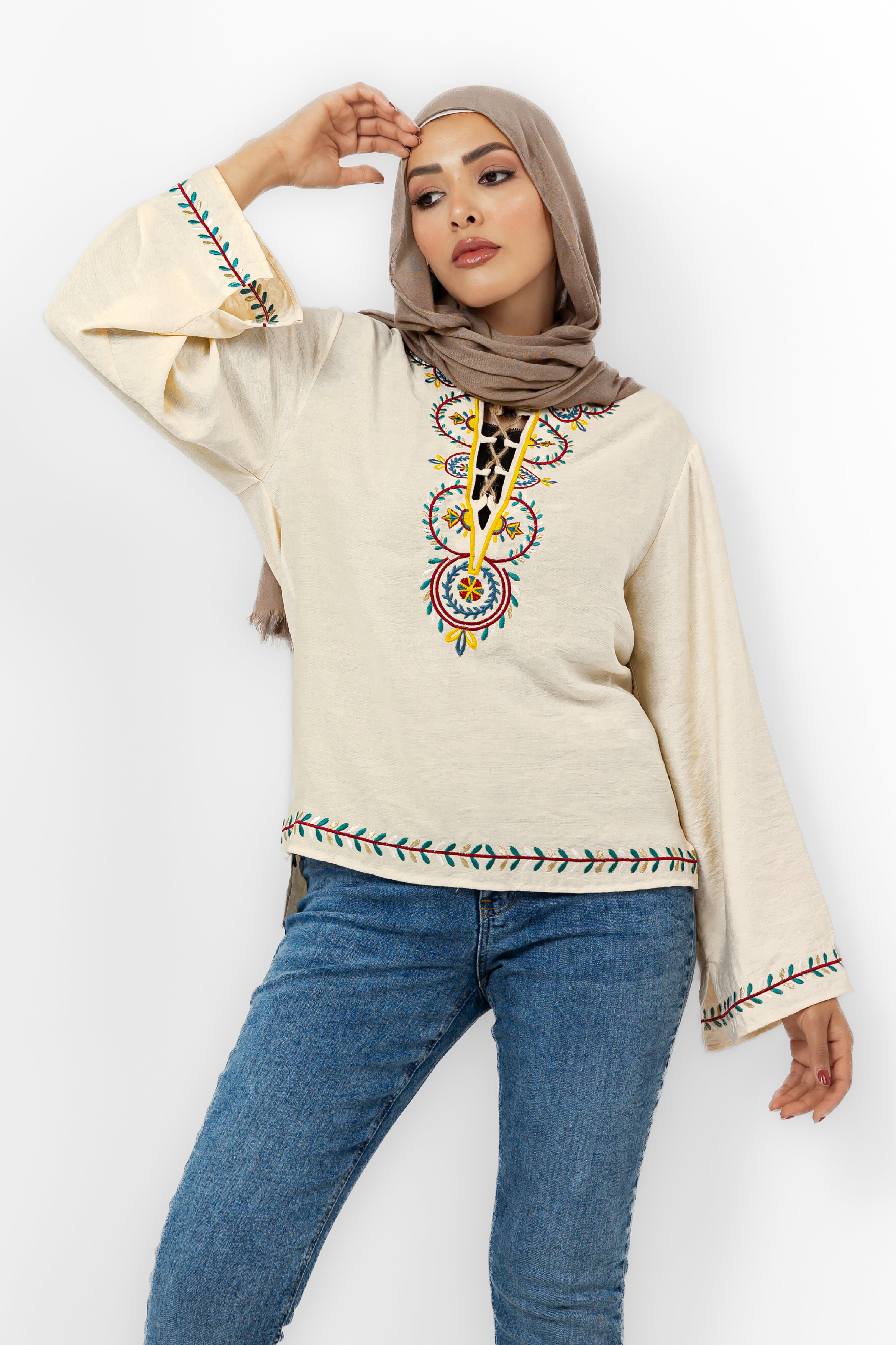 NATURAL EMBROIDERED CHEST SLEEVES & BOTTOM BLOUSE S24106