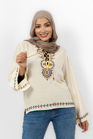 Natural Embroidered Chest Blouse S24106