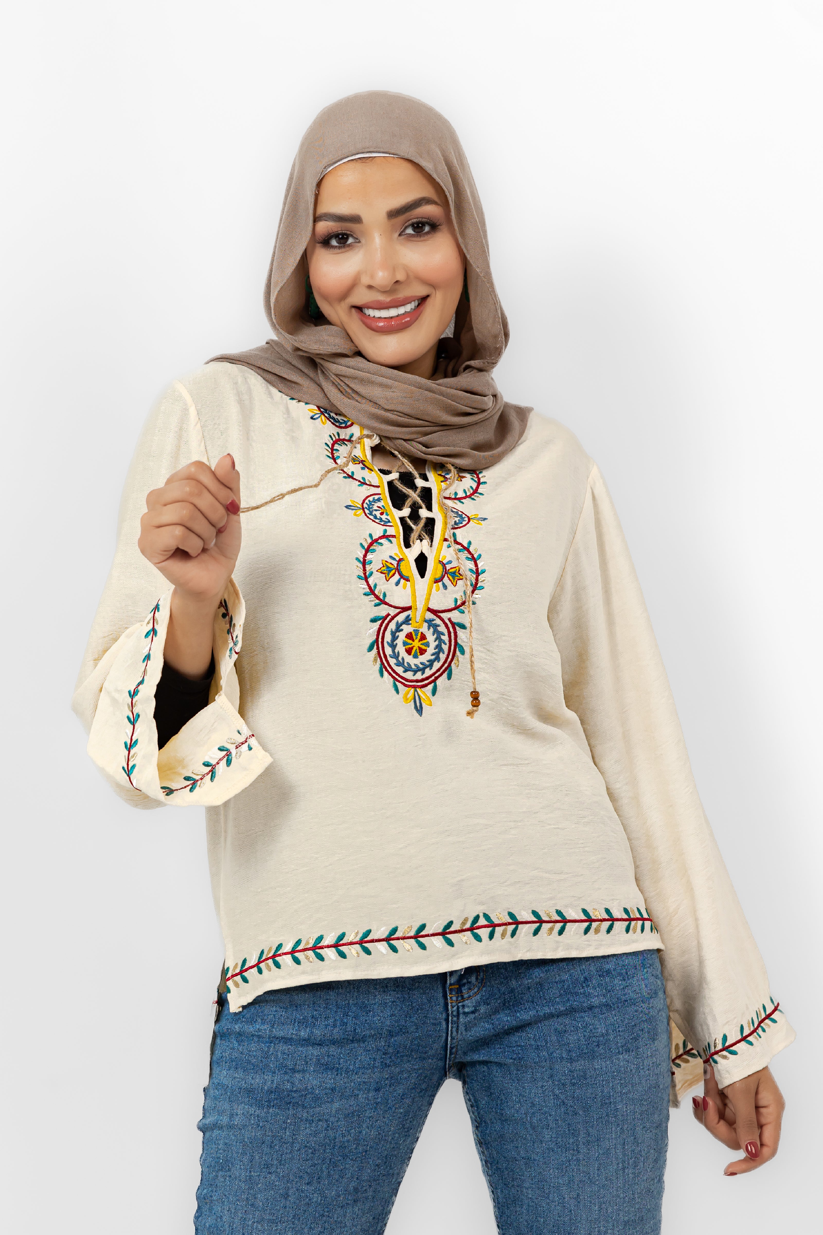 NATURAL EMBROIDERED CHEST SLEEVES & BOTTOM BLOUSE S24106