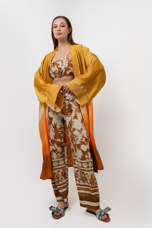 Beige satin long printed kimono tied daying s24100