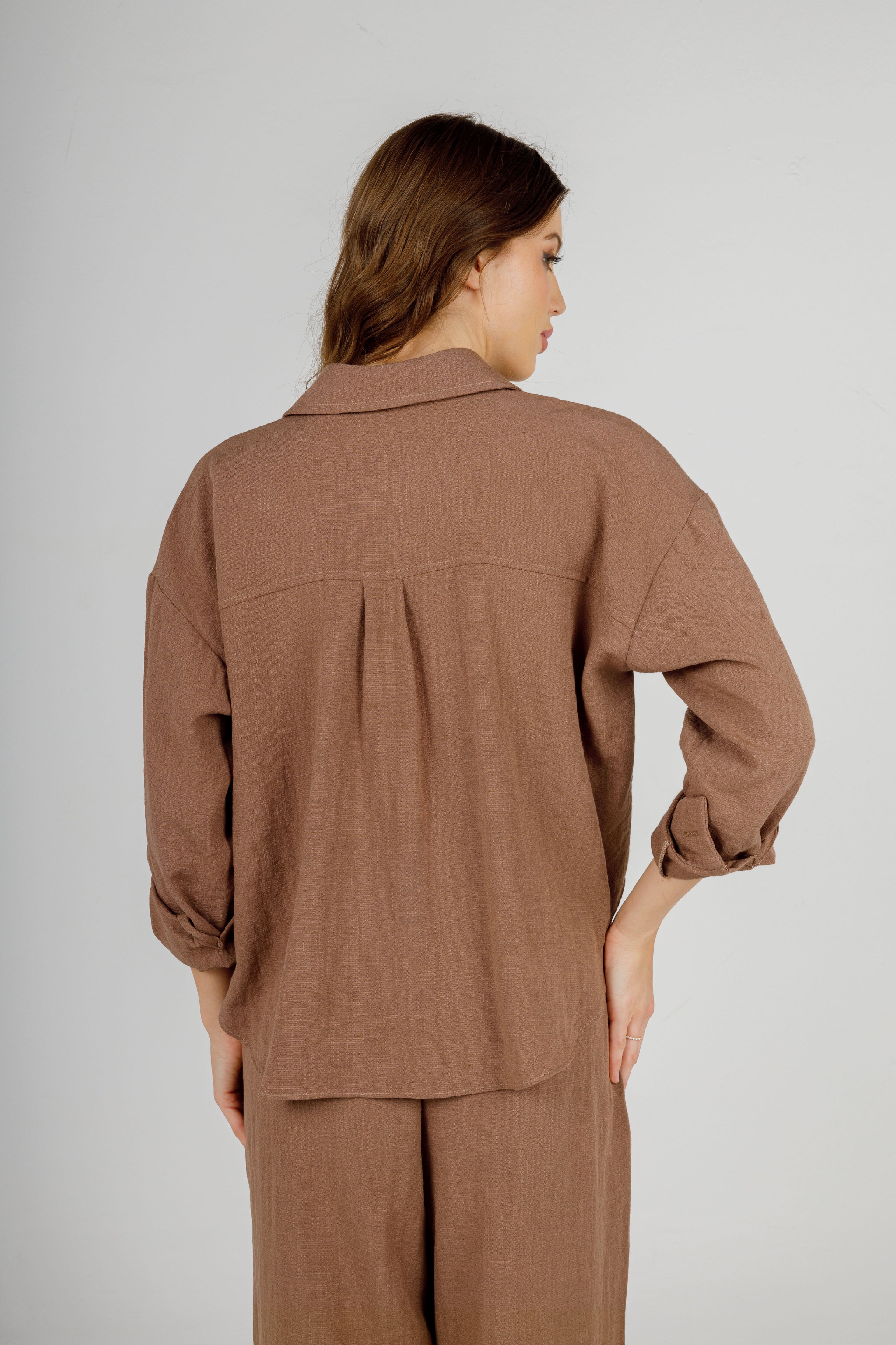 Brown Linin Long Sleeves Blouse-S25107