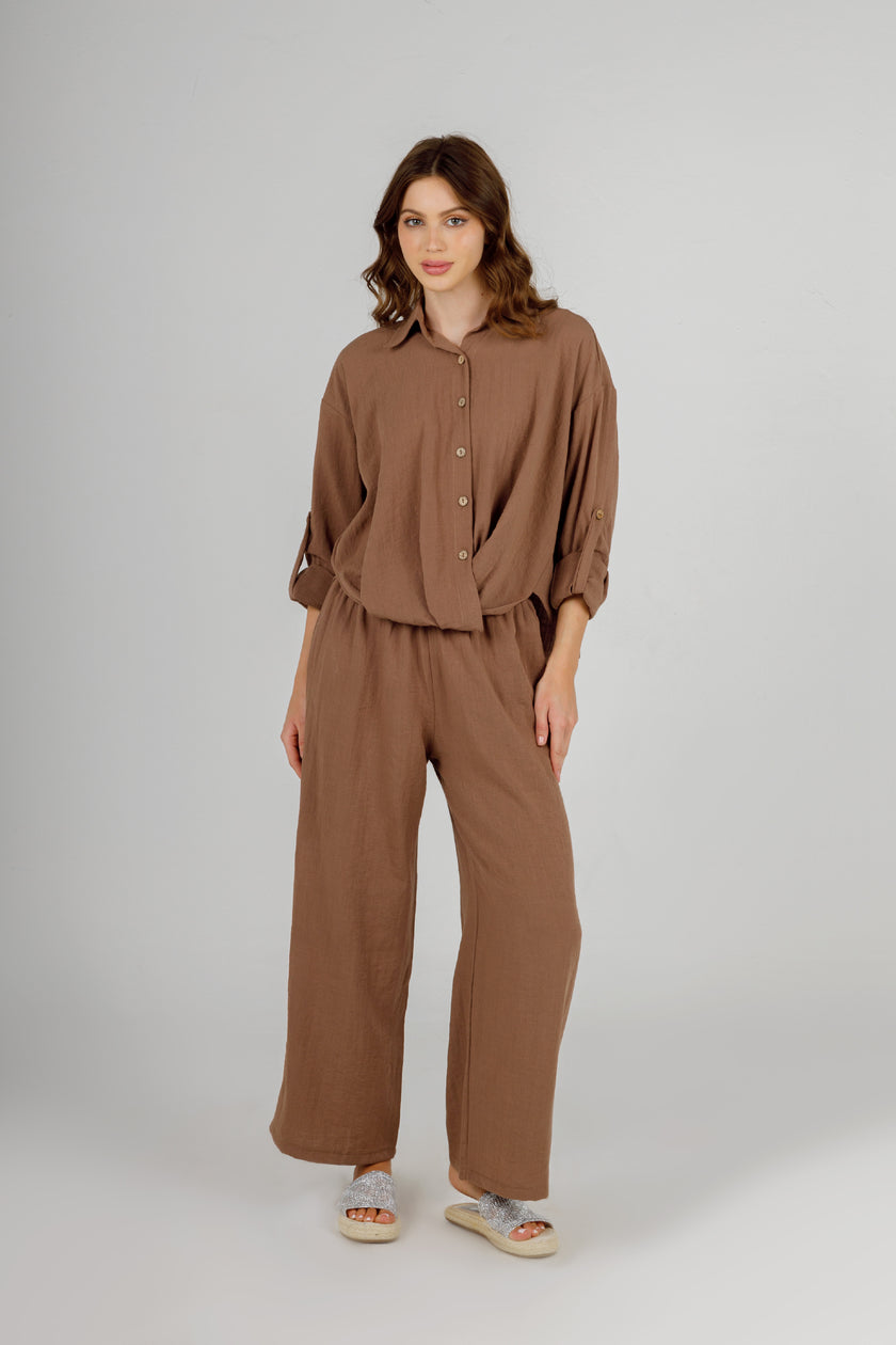 Brown Linin Long Sleeves Blouse-S25107