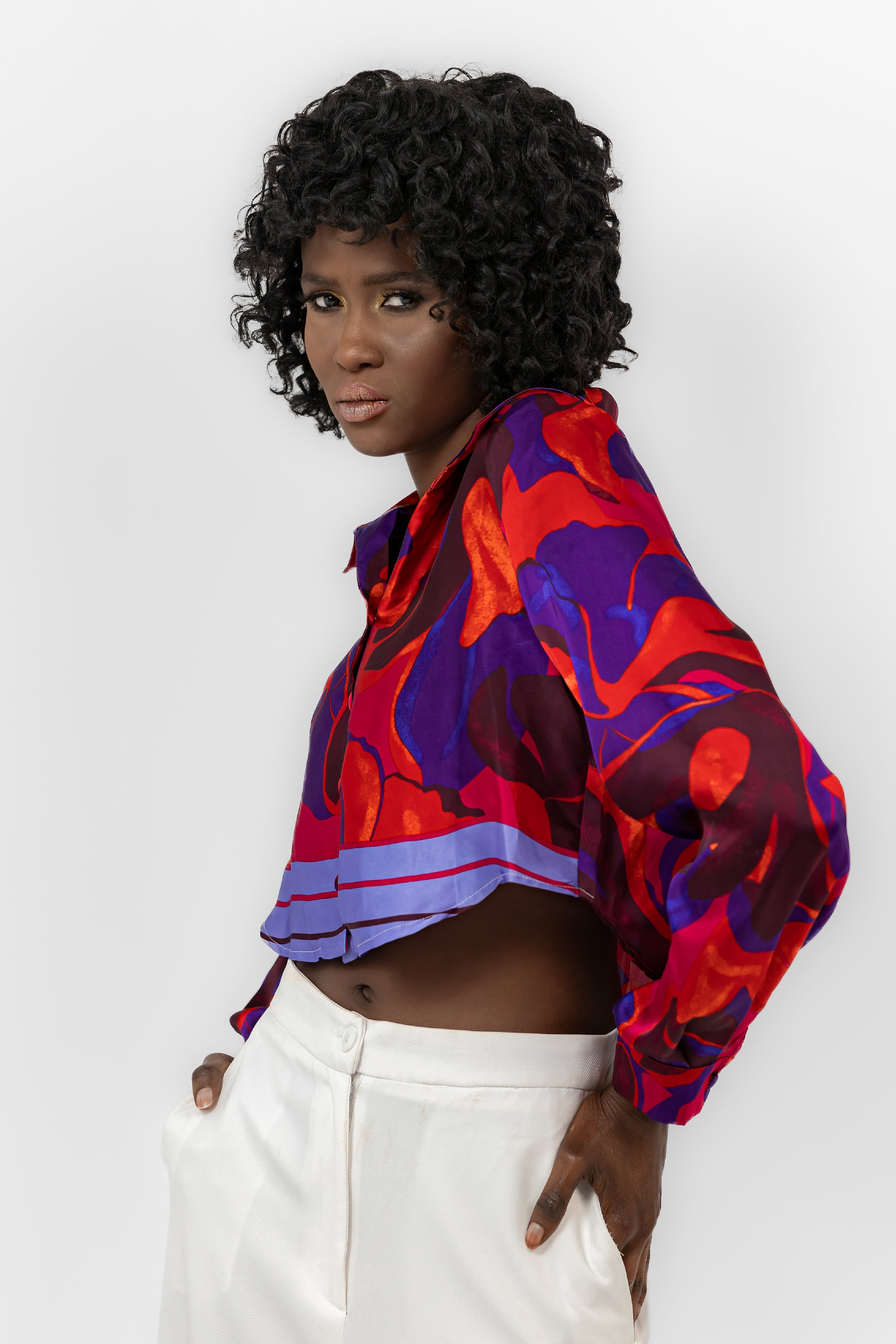 RED SATIN PRINTED SHORT BLOUSE S24073