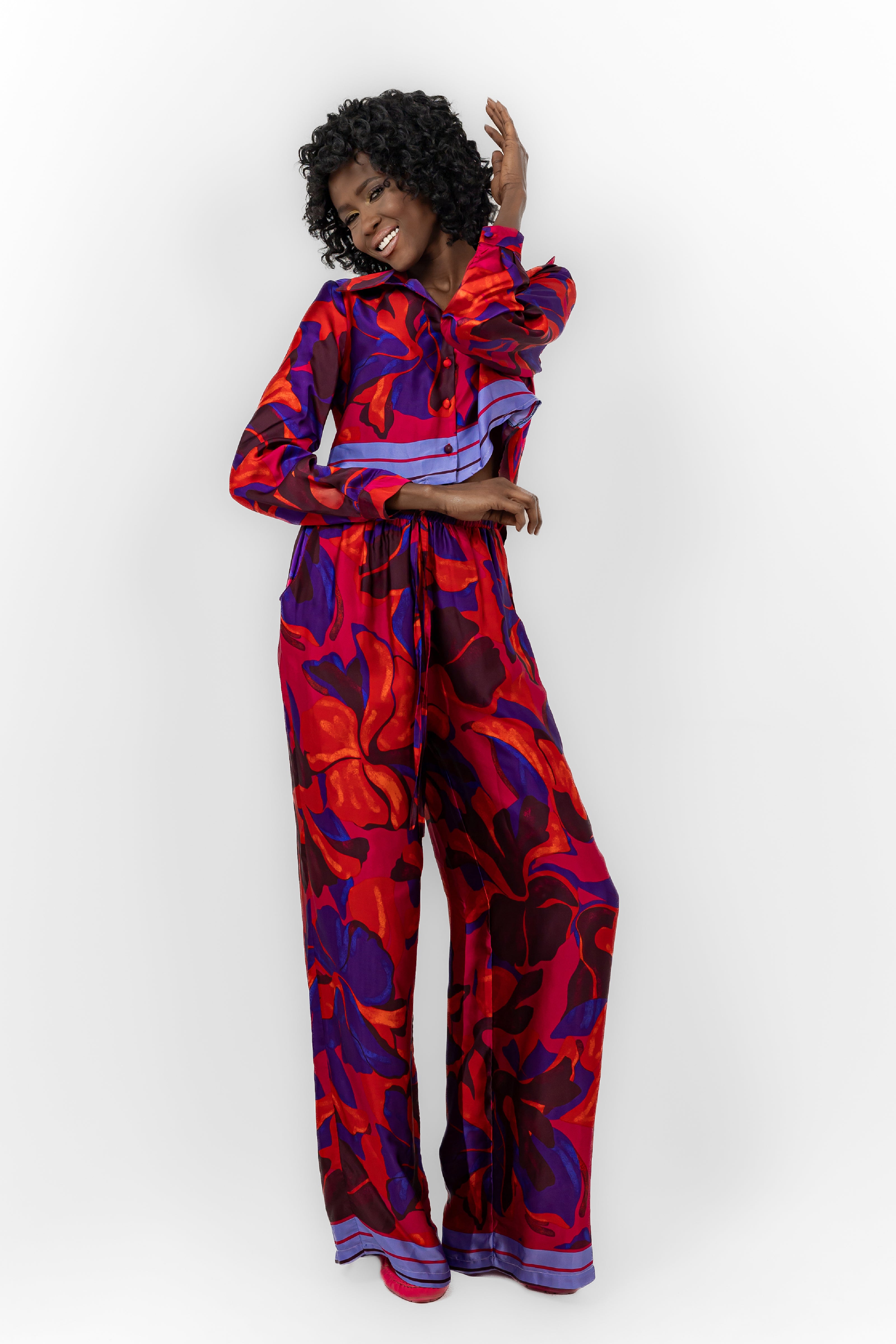 RED SATIN PRINTED ELASTIC WAIST PANTS S24072