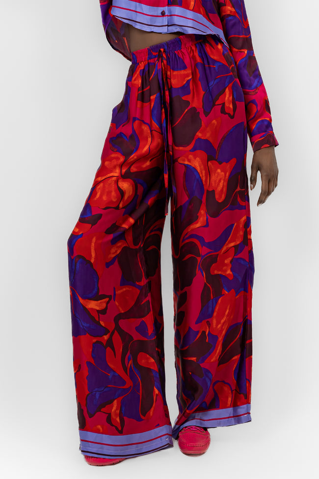 RED SATIN PRINTED ELASTIC WAIST PANTS S24072