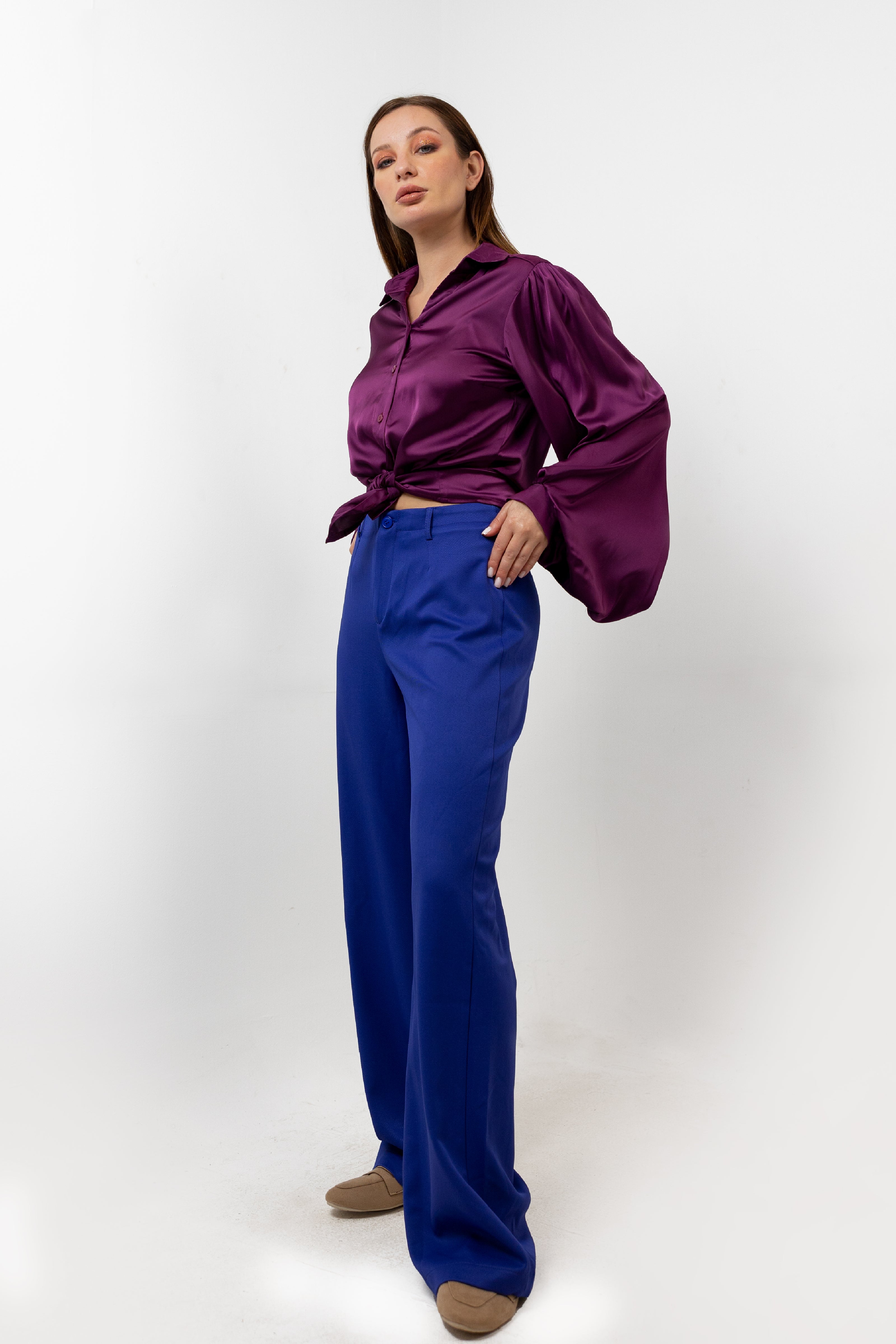 PURPLE SATIN PLAIN CLASSIC BLOUSE S24046