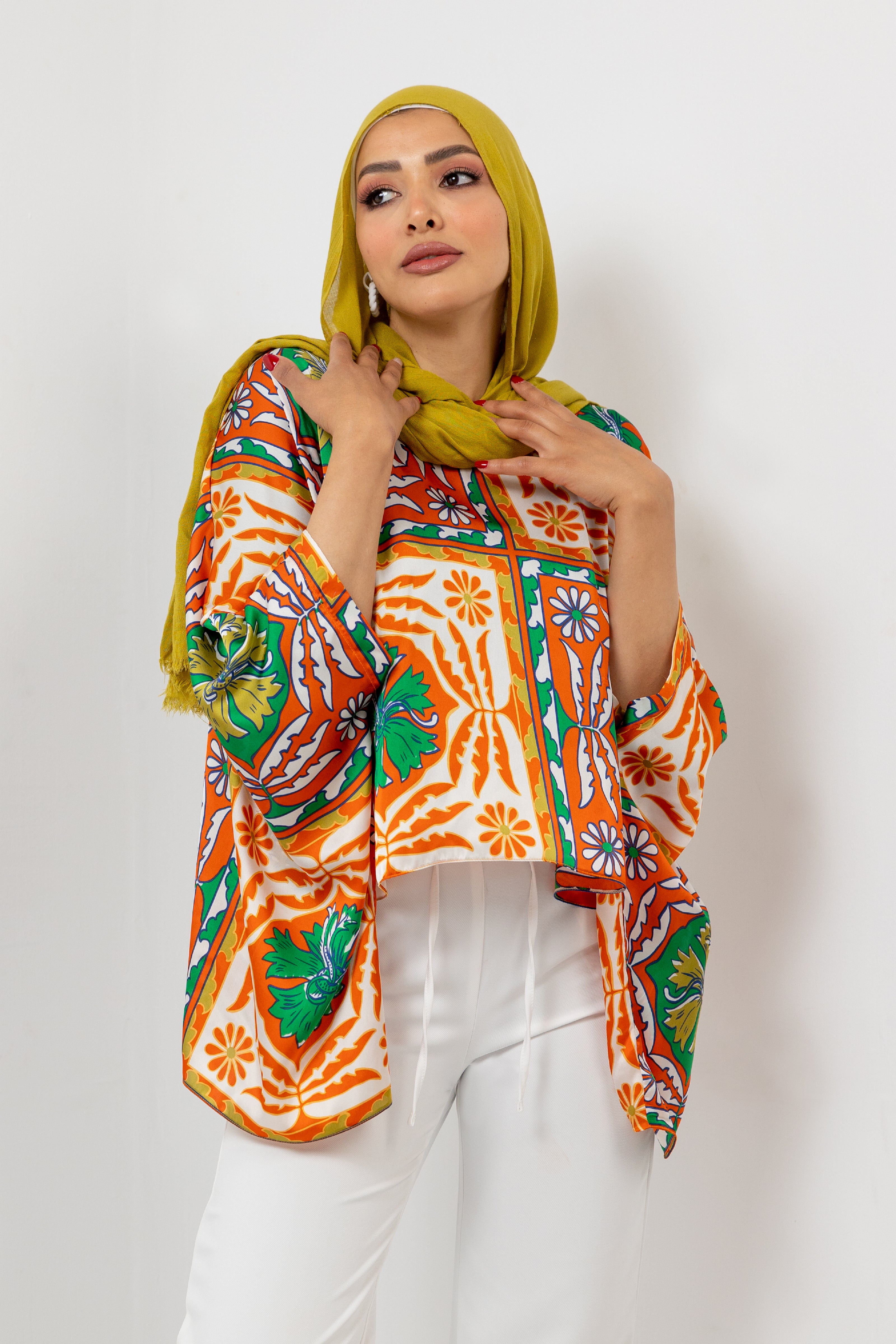 ORANGE SATIN PRINTED PONCHO S24051