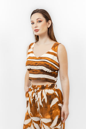 Brown linen printed short top s24015