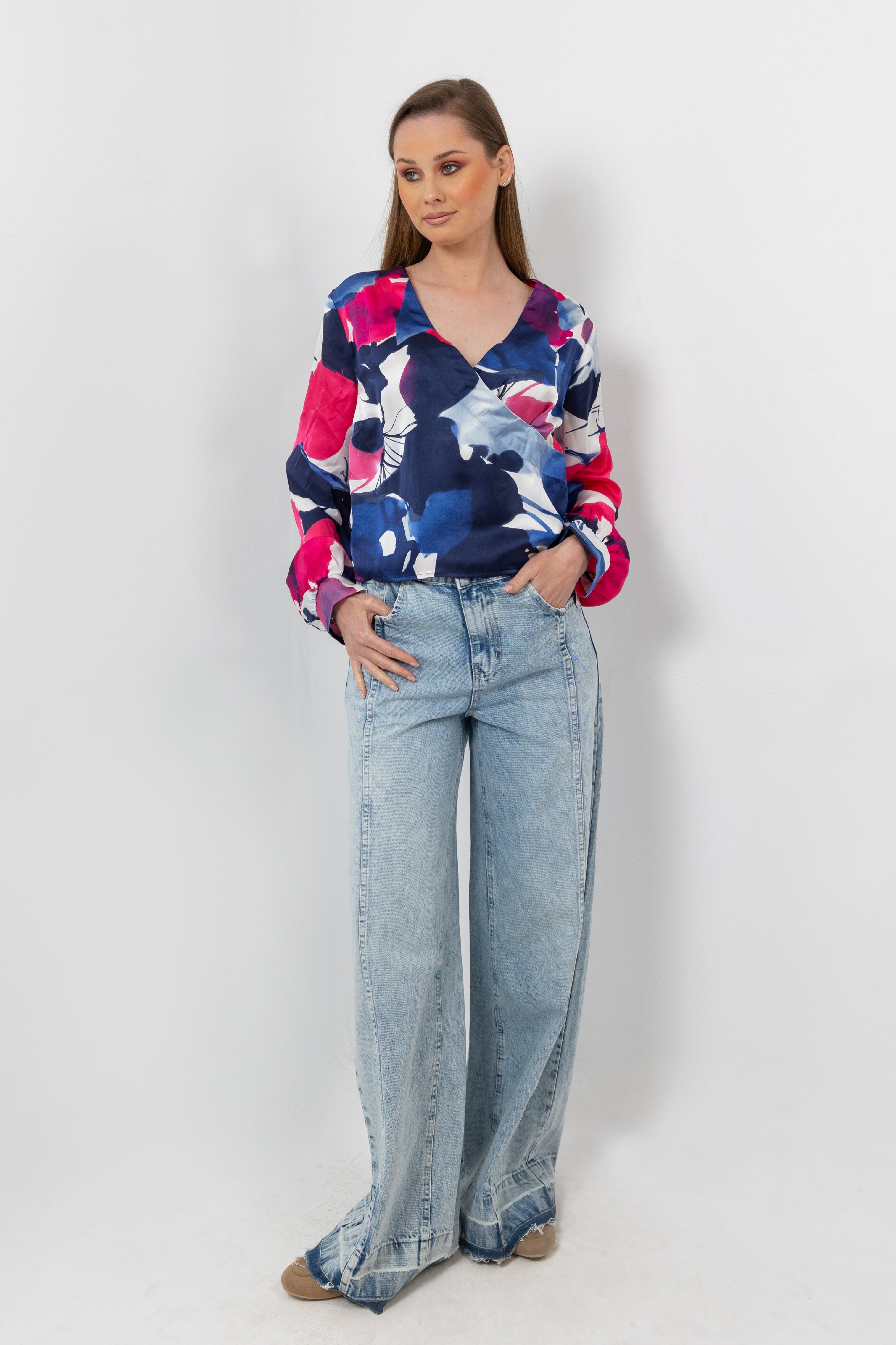 FUSHIA SATIN SHORT PRINTED BLOUSE S24047