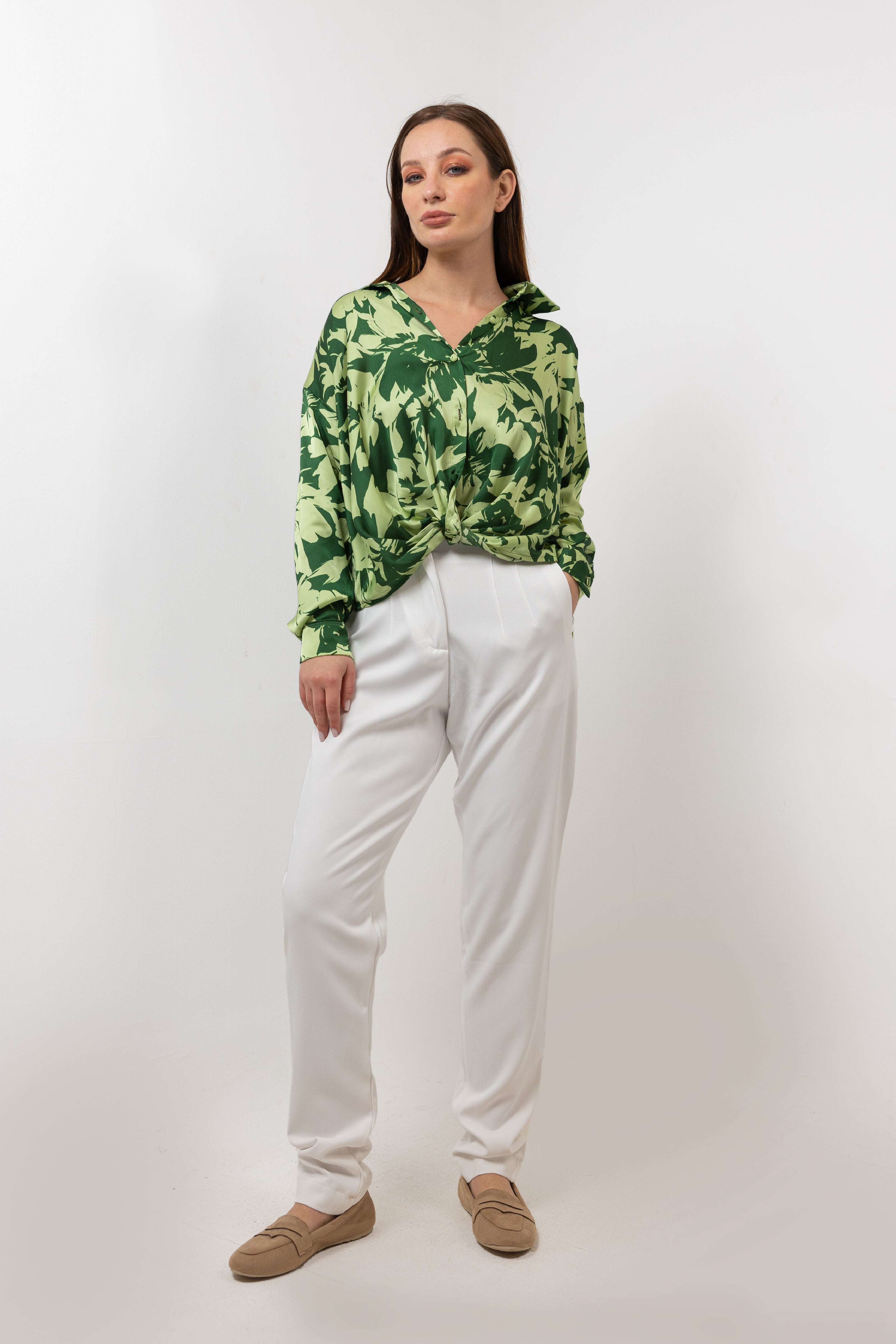 GREEN PRINTED SATIN BLOUSE S24018