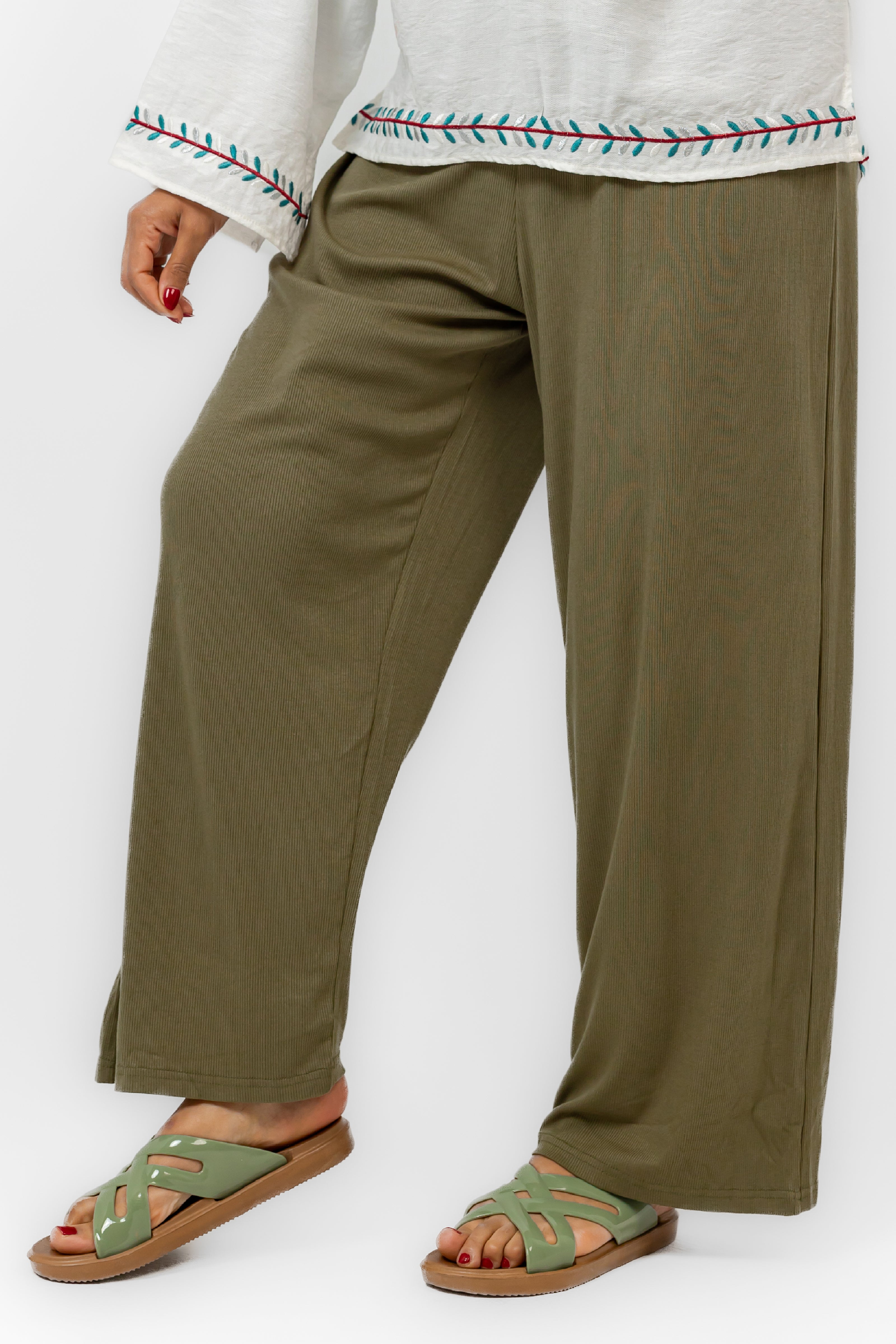 OLIVE REB KNIT ELASTIC WAIST PANTS WIDE LEG S24141