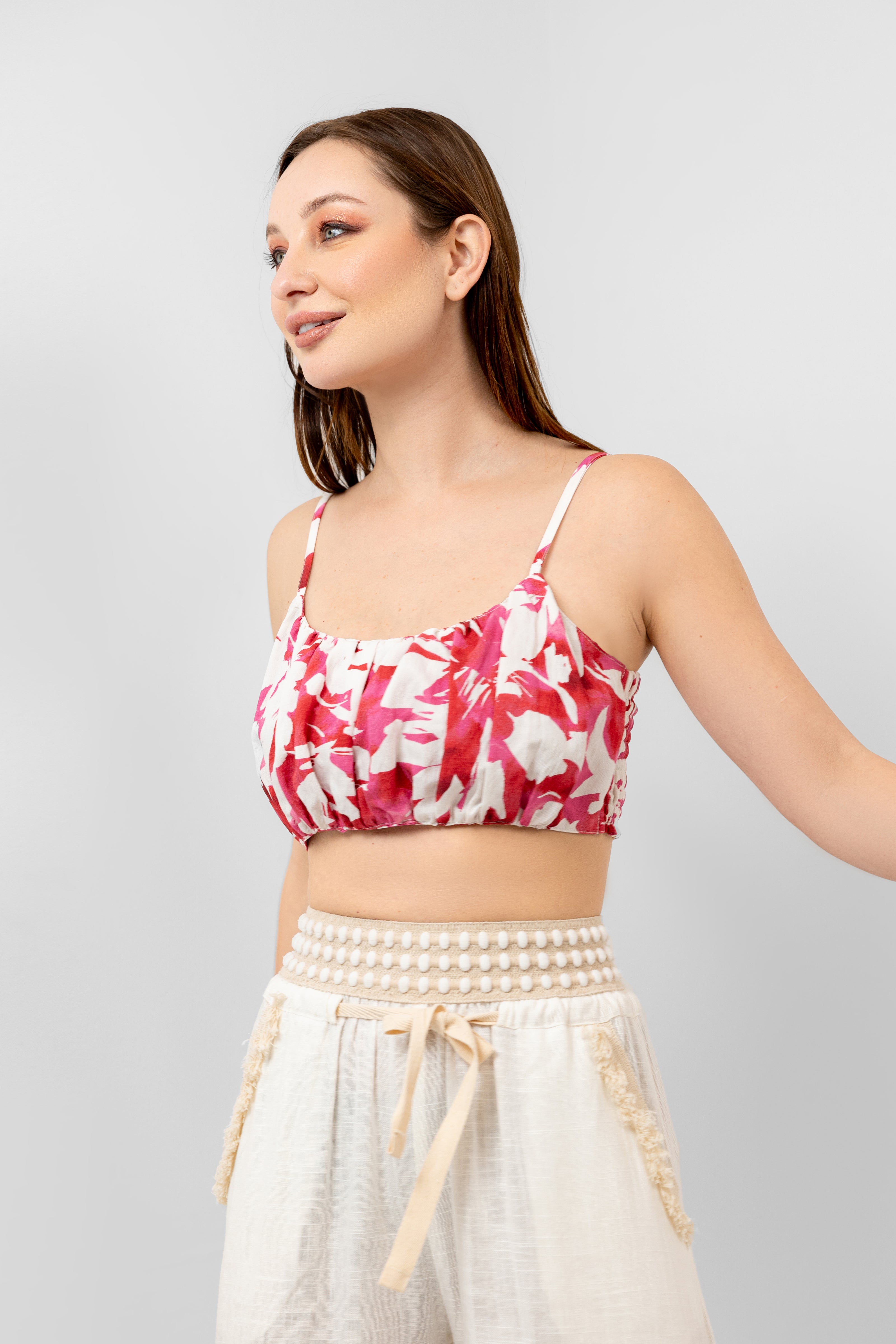 FUSHIA LINEN PRINTED SHORT TOP S24023