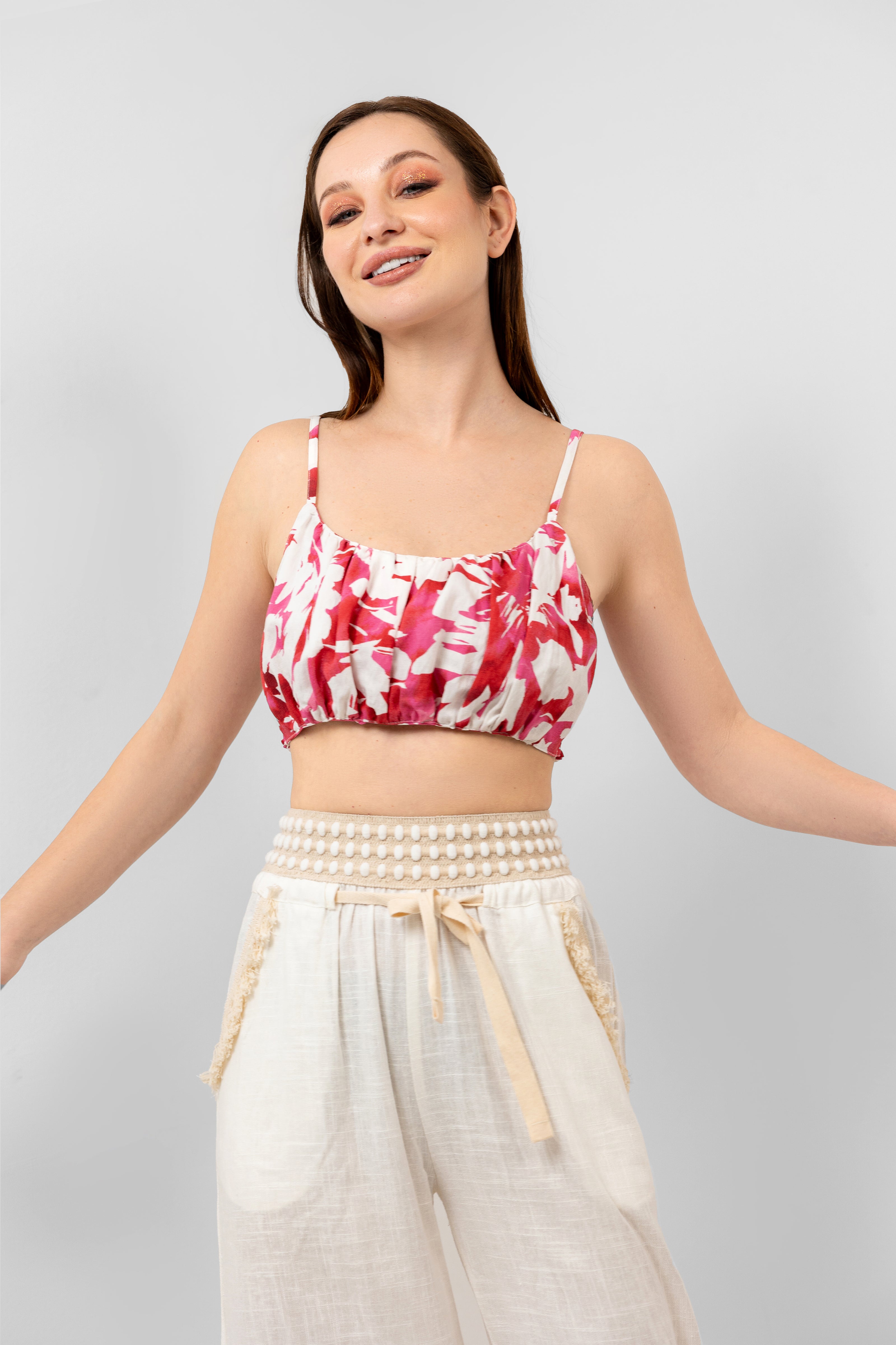 FUSHIA LINEN PRINTED SHORT TOP S24023