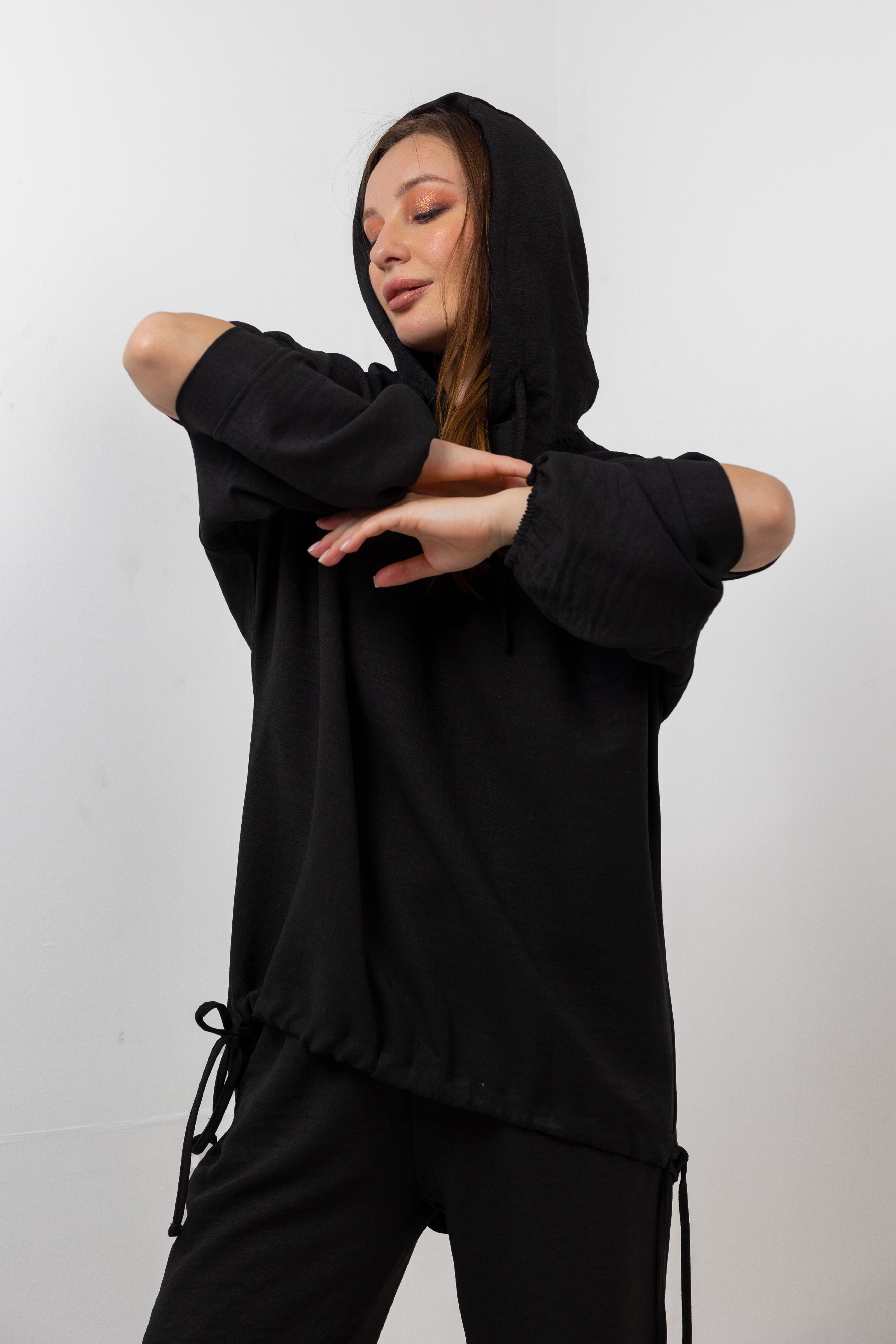 BLACK Linen SET HOODIE  TOP + WIDE LEG PANTS S24110