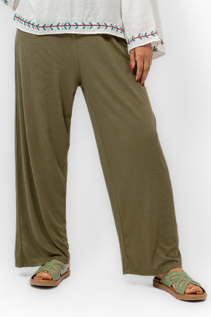 OLIVE REB KNIT ELASTIC WAIST PANTS WIDE LEG S24141