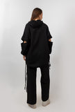 BLACK Linen SET HOODIE  TOP + WIDE LEG PANTS S24110