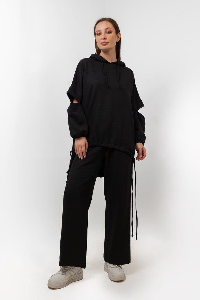 BLACK Linen SET HOODIE  TOP + WIDE LEG PANTS S24110