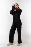 BLACK Linen SET HOODIE  TOP + WIDE LEG PANTS S24110