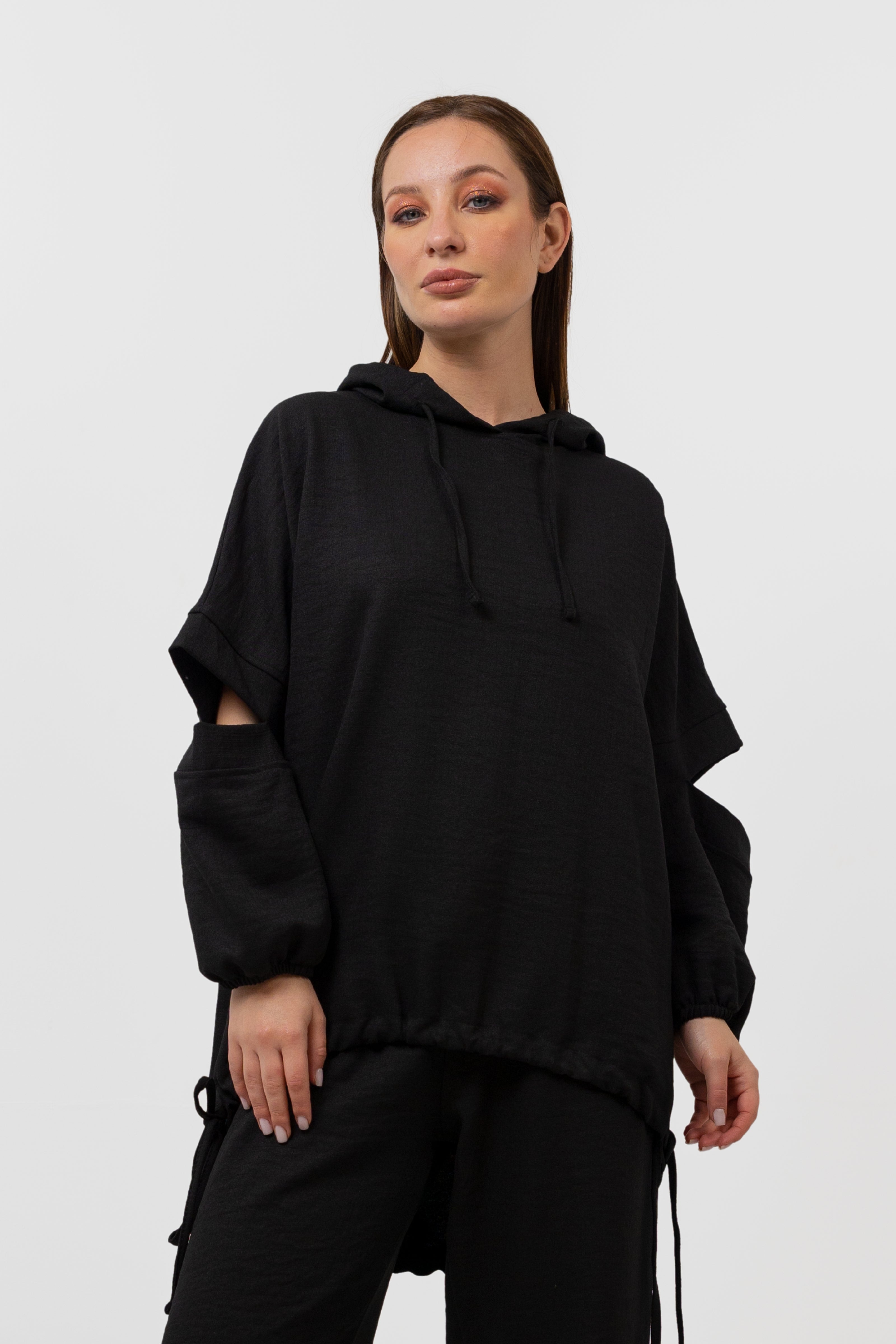 BLACK Linen SET HOODIE  TOP + WIDE LEG PANTS S24110