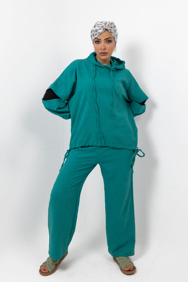 GREEN Turquoise Linen SET HOODIE  TOP + WIDE LEG PANTS S24110