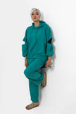 GREEN Turquoise Linen SET HOODIE  TOP + WIDE LEG PANTS S24110