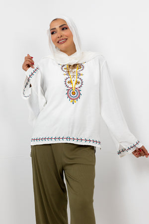 White Embroidered Chest Blouse S24106