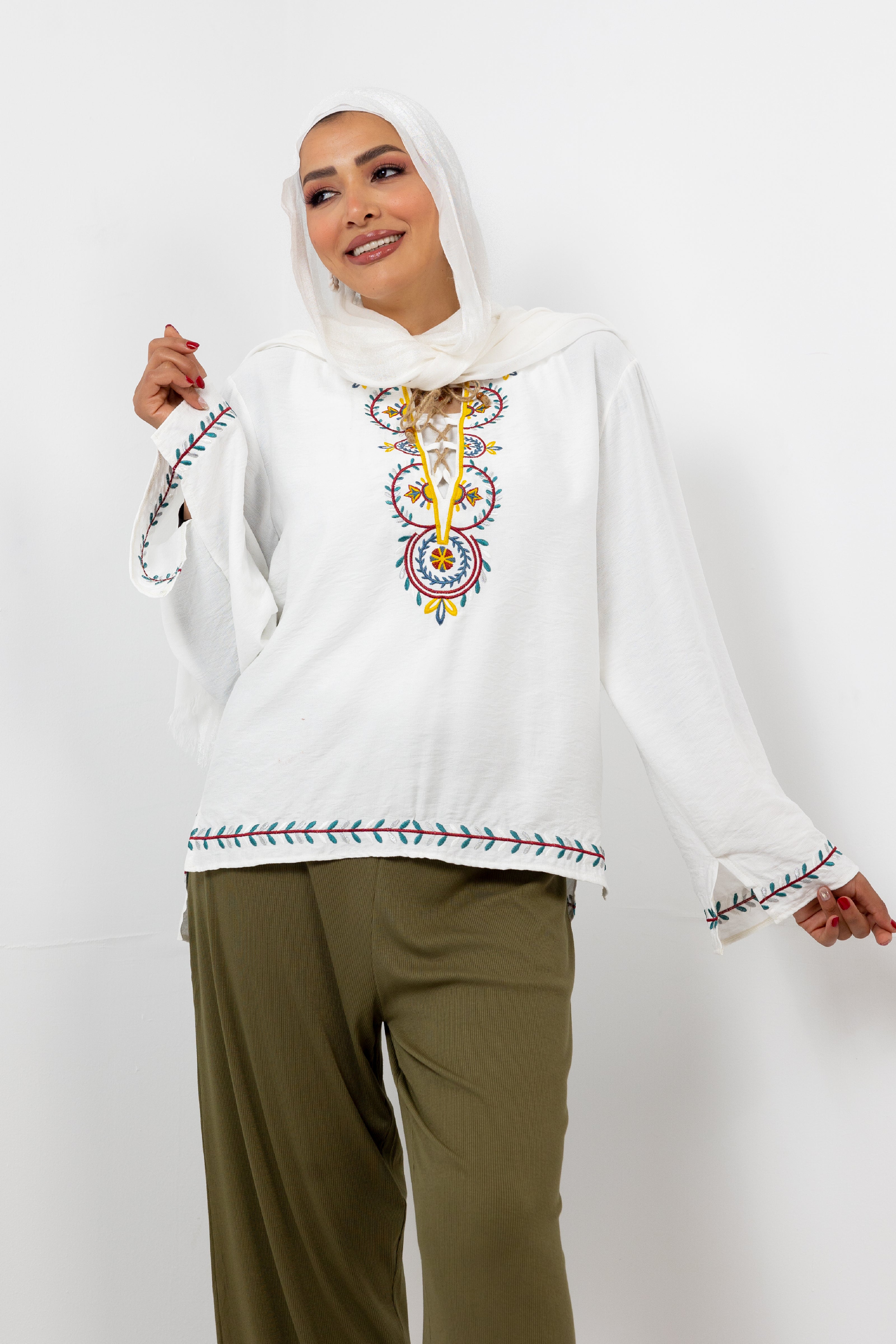 White EMBROIDERED CHEST SLEEVES & BOTTOM BLOUSE S24106