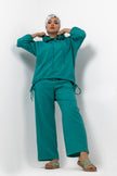 GREEN Turquoise Linen SET HOODIE  TOP + WIDE LEG PANTS S24110