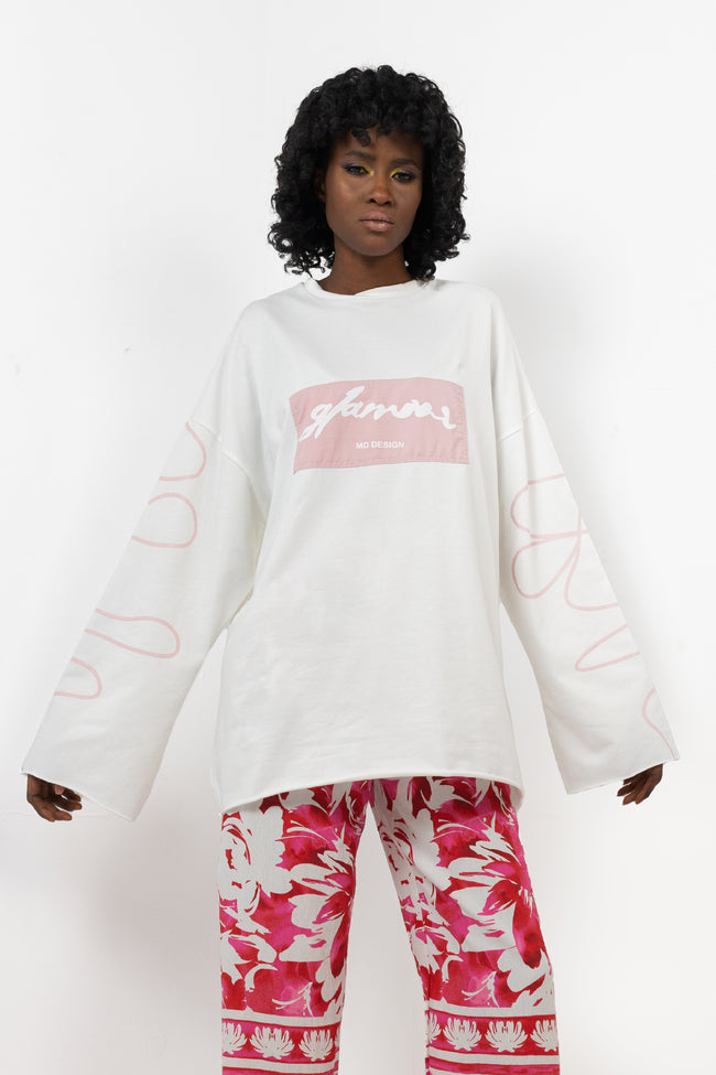 WHITE X PINK MILTON PRINTED SWEAT SHIRT CHEST & SLEEVES S24144