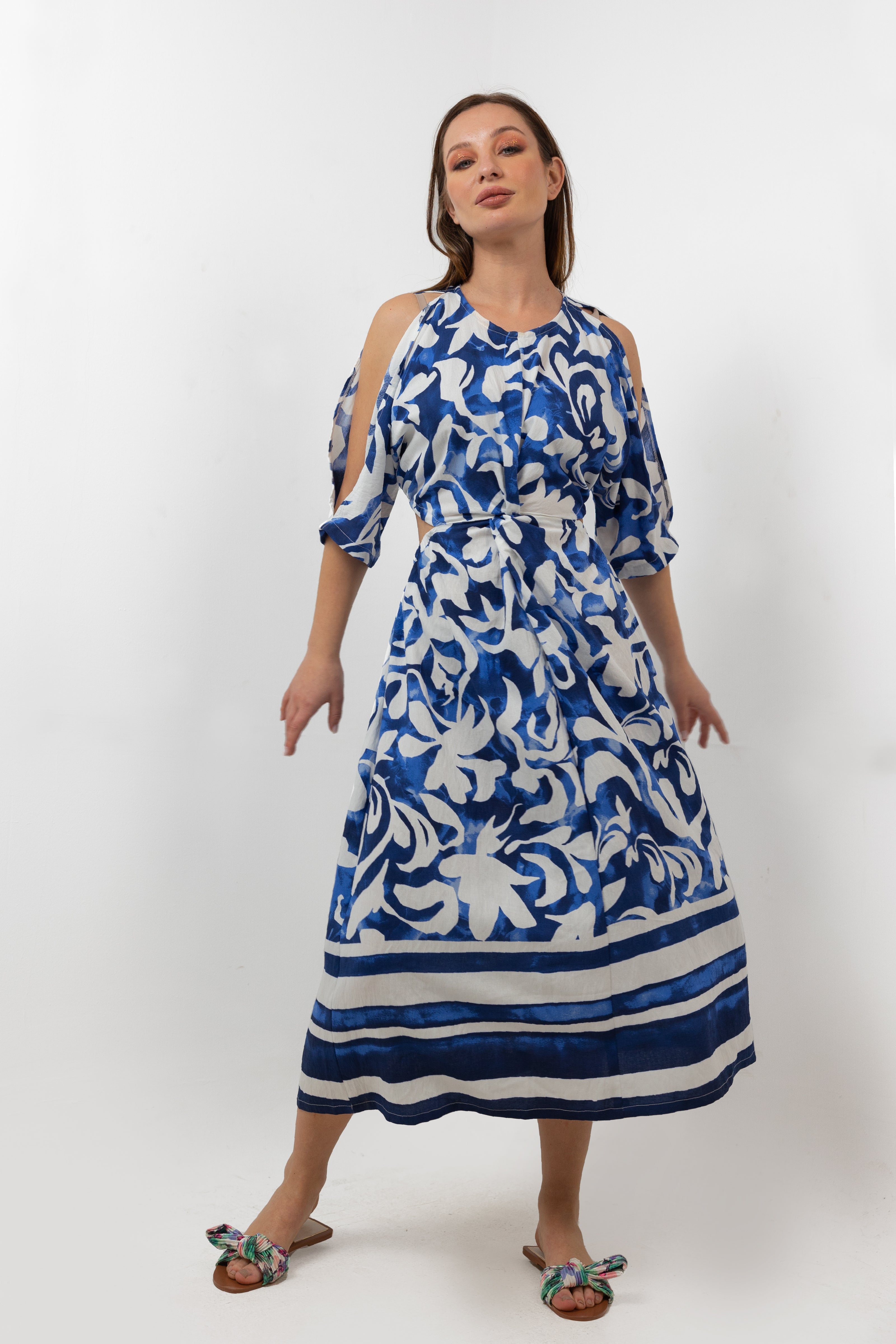 BLUE LINEN Flowery Off-shoulder Dress S24052