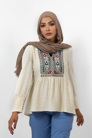 Natural Linen Embroidered Chest Blouse S24104