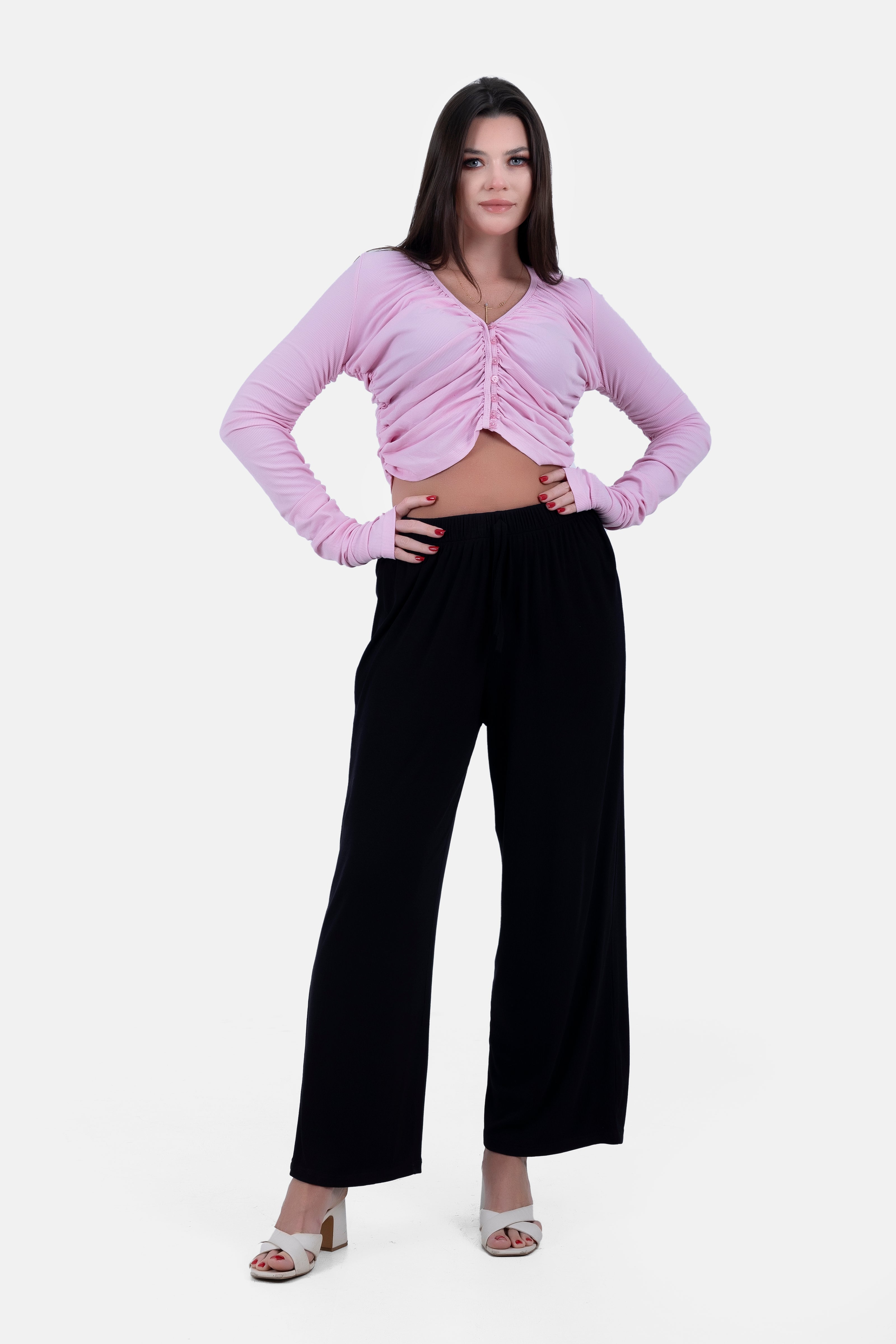 BLACK REB KNIT ELASTIC WAIST PANTS   WIDE LEG S24141