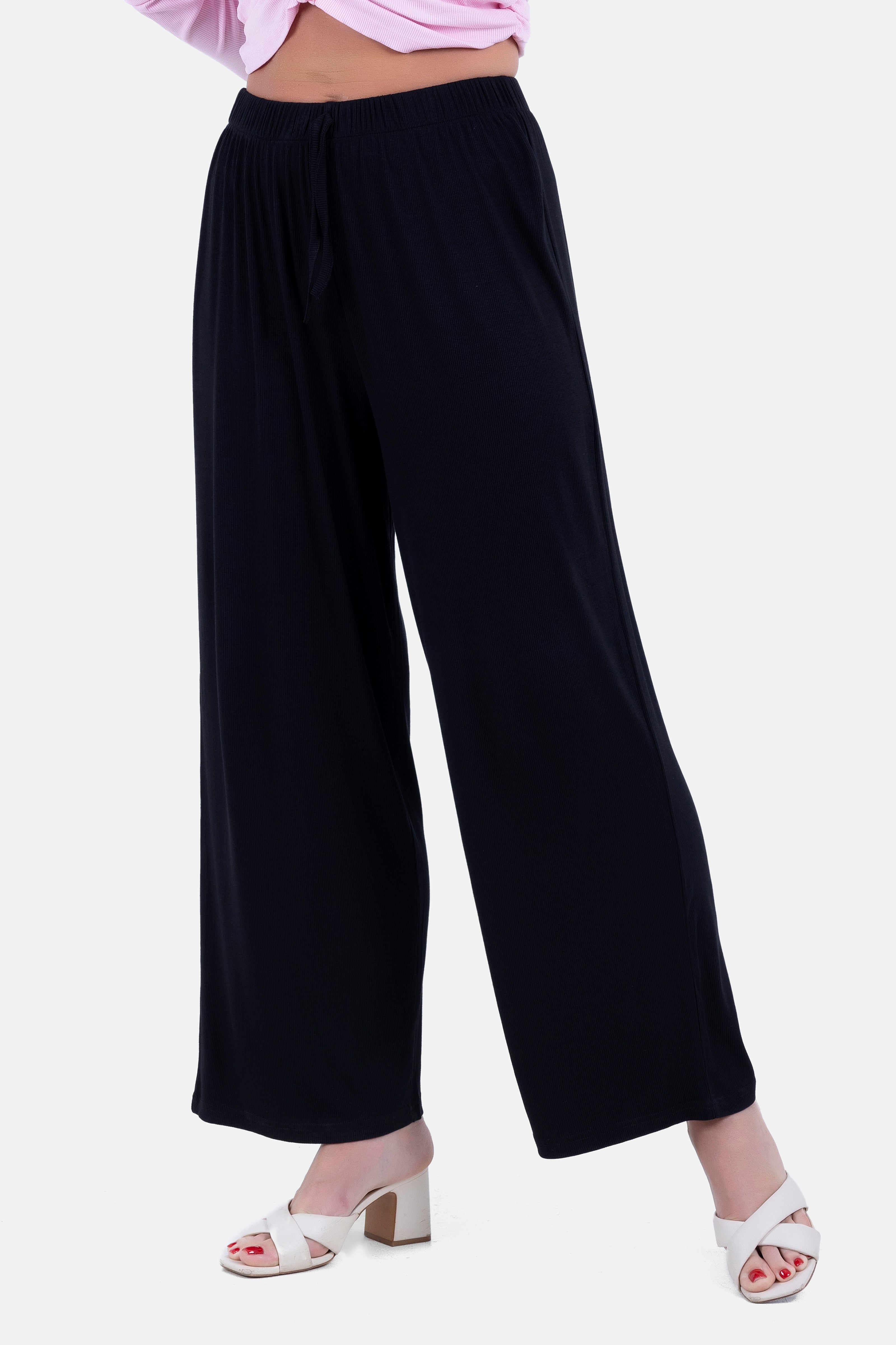 BLACK REB KNIT ELASTIC WAIST PANTS   WIDE LEG S24141