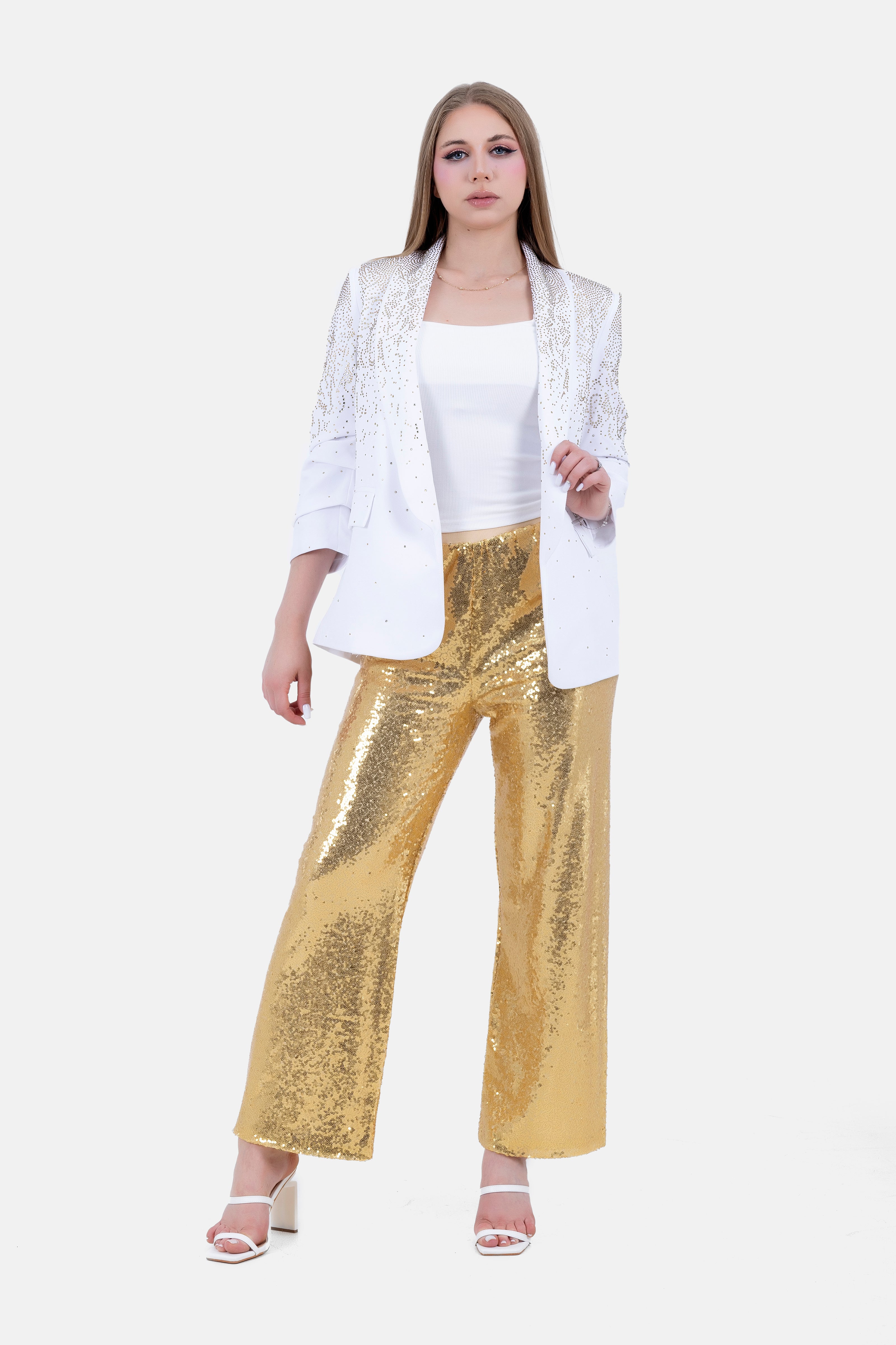 WHITE LONG JACKET WITH STRASS-S24184