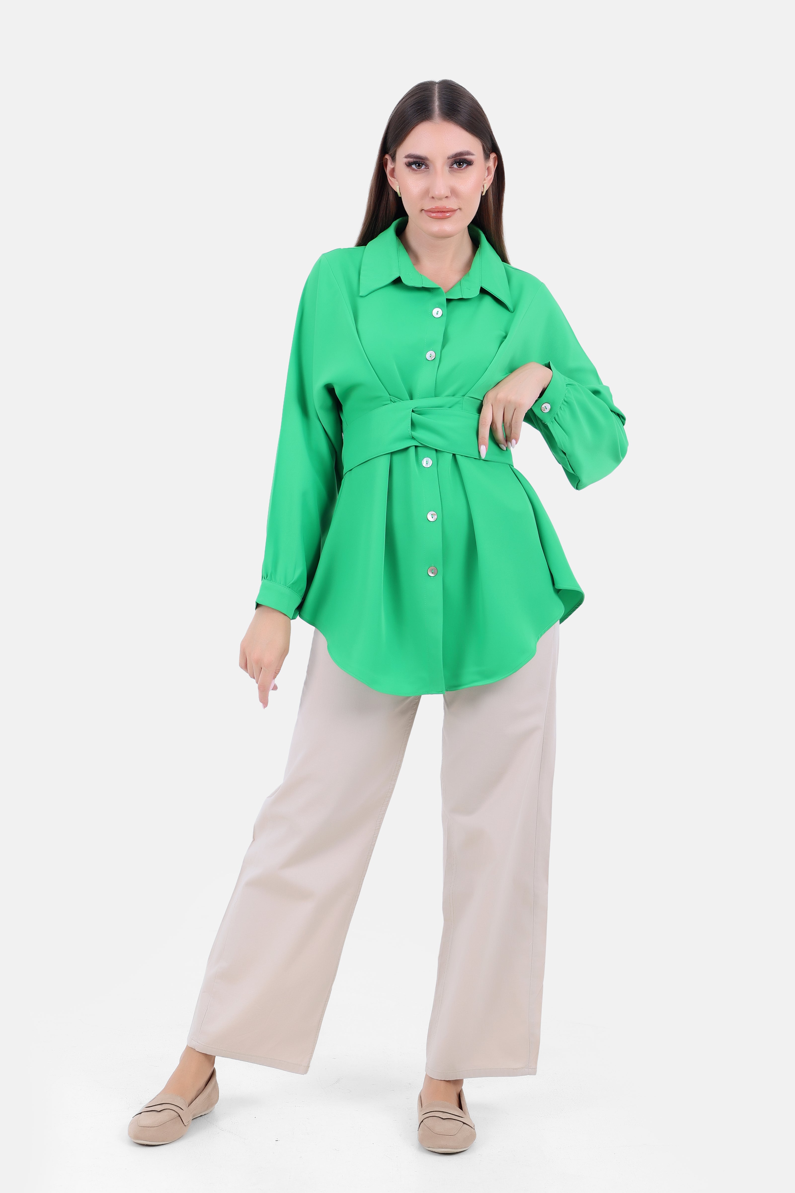 GREEN SHORT BLOUSE WITH BELT S24033